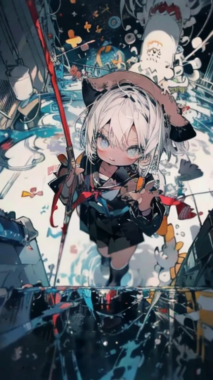 #Quality(8k,best quality,masterpiece,cinematic), #girl(cute, kawaii,,skin color white,smile ,hair floating,hair color blond,short bob hair,eye color cosmic,big eyes,black sailor uniform,walking,view from above,long shot),#background(outside,messy slum,view from above,water leaking,long shot,long view)