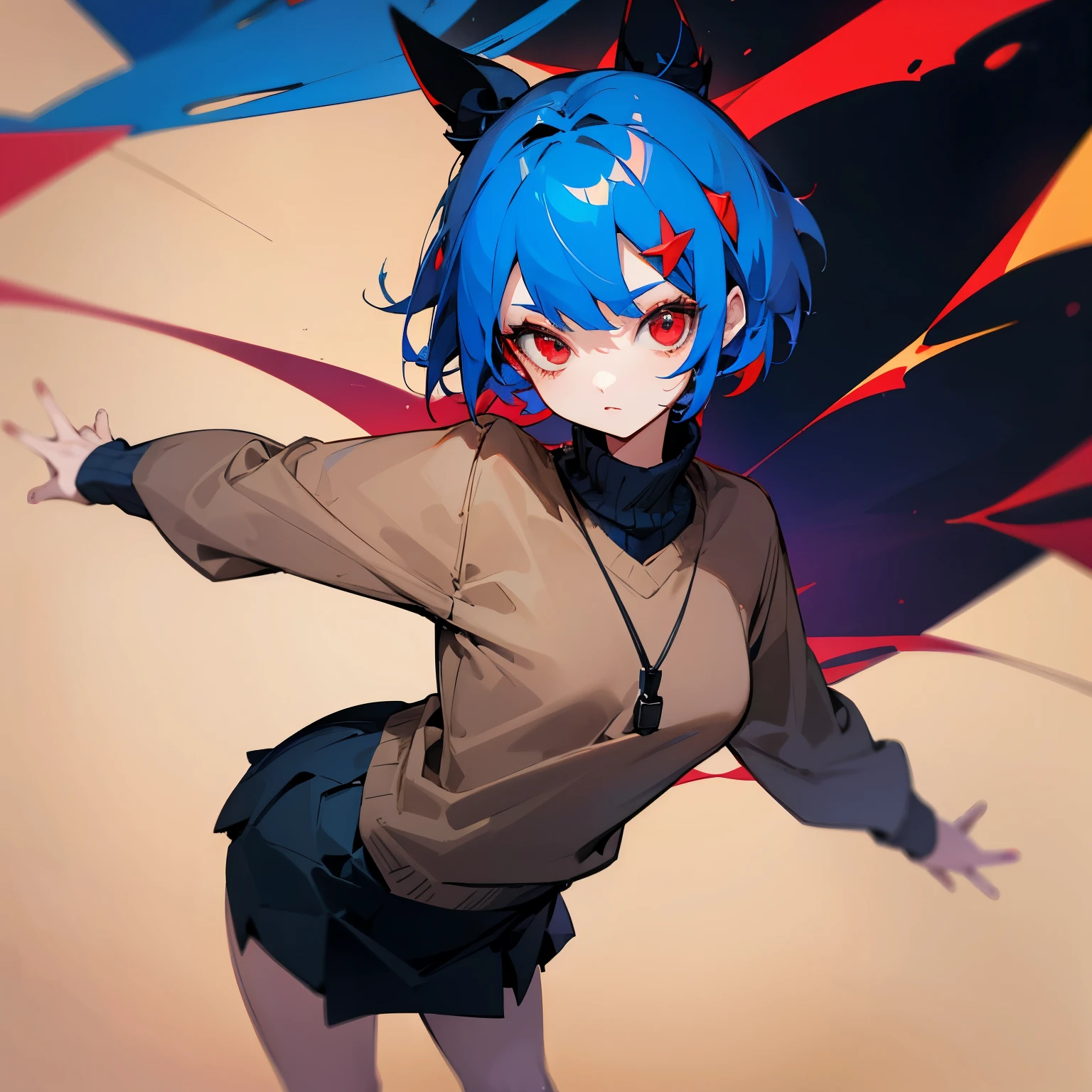 Top quality girl red eyes blue hair ornament two-dimensional black short hair dark blue skirt beige sweater