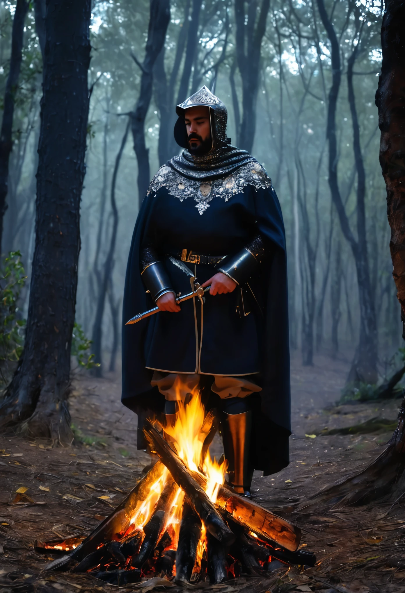 En un claro del bosque, bajo un cielo estrellado y salpicado de constelaciones brillantes, un caballero medieval con armadura se encuentra reunido alrededor de una fogata. La luz parpadeante de las llamas resalta los detalles intrincados de su armadura, reflejando destellos plateados y cobrizos que dan vida a su imponente figura.
Sentado en una roca gastada por el tiempo, The knight watches the hypnotic dance of the flames as the night breeze gently moves the folds of his cloak.. The atmosphere is permeated with a deep and reverent calm, interrumpida solo por el crepitar del fuego y el ocasional susurro del viento entre las hojas.
Alrededor de la fogata, The shadows of the trees dance in an ancient and mysterious rhythm, proyectando patrones intrincados en el suelo cubierto de musgo. The fresh fragrance of the forest intermingles with the smoky aroma of burning wood, creando una amalgama de sensaciones que transporta al espectador a tiempos olvidados.
En este tranquilo escenario nocturno, el caballero sostiene su espada con reverencia, supporting her close to his side while her gaze is lost in the flames. The sounds of nocturnal nature add to the symphony of the night: the distant hoot of owls, el susurro de los arroyos cercanos y el suave murmullo de las hojas movidas por el viento.
Aunque solo, el caballero no parece solitario. His upright posture and serene expression reflect a deep connection to his environment and his purpose.. The combination of the natural majesty of the night forest and the noble presence of the knight creates a scene that evokes a sense of history, adventure and spirituality in an eternal moment of contemplation under the stars.