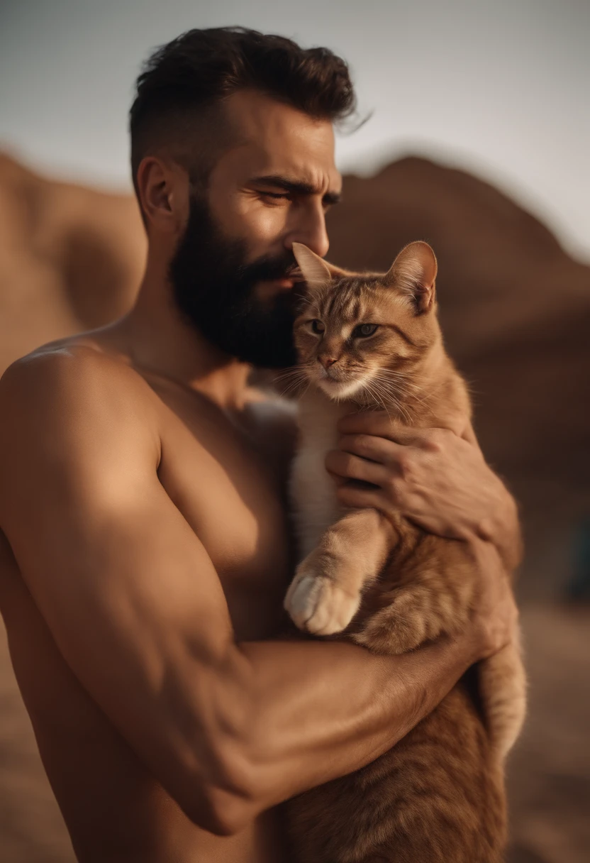 Handsome  beard Turkish guy tall thin shirtless desert bikini showing armpit hug a cat