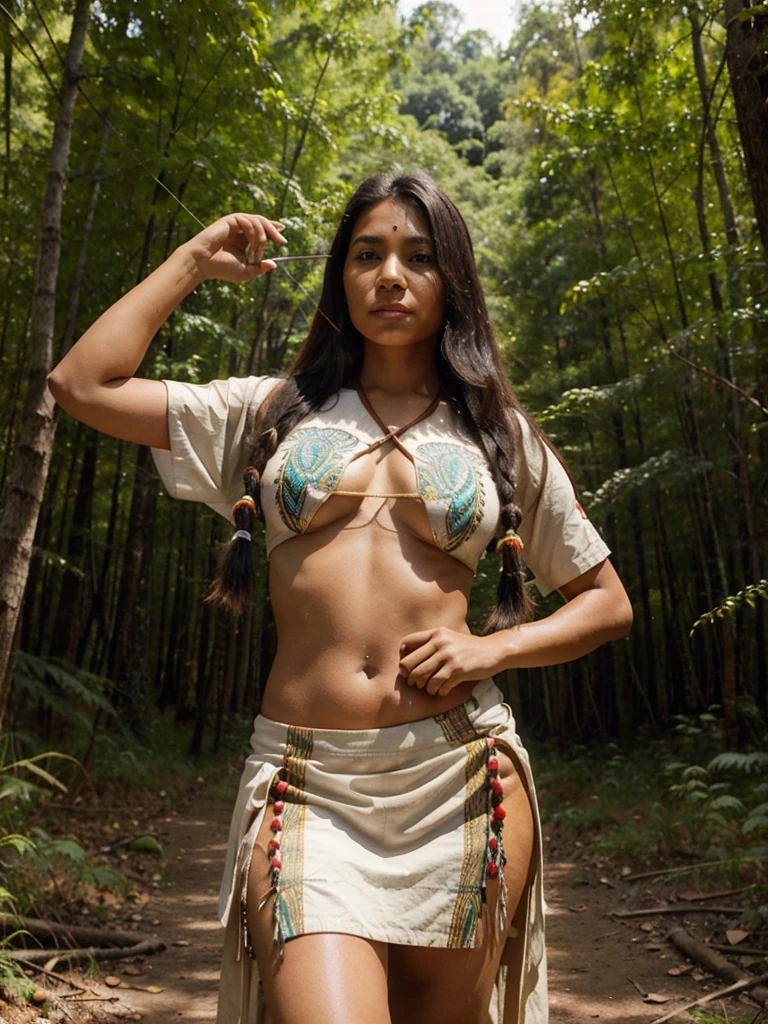 indigenous woman, wearing native Indian clothes in the middle of the forest, corpo perfeito, beautiful appearance, is holding an arrow, imagem realista, complete view from head to toe, ((idade 30 anos)), olhar atraente