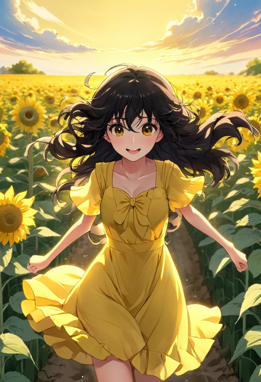 Anime drawing of a girl with dark brown eyes curly black hair wearing a yellow dress, corriendo dentro de un campo de girasoles, esta muy feliz. 