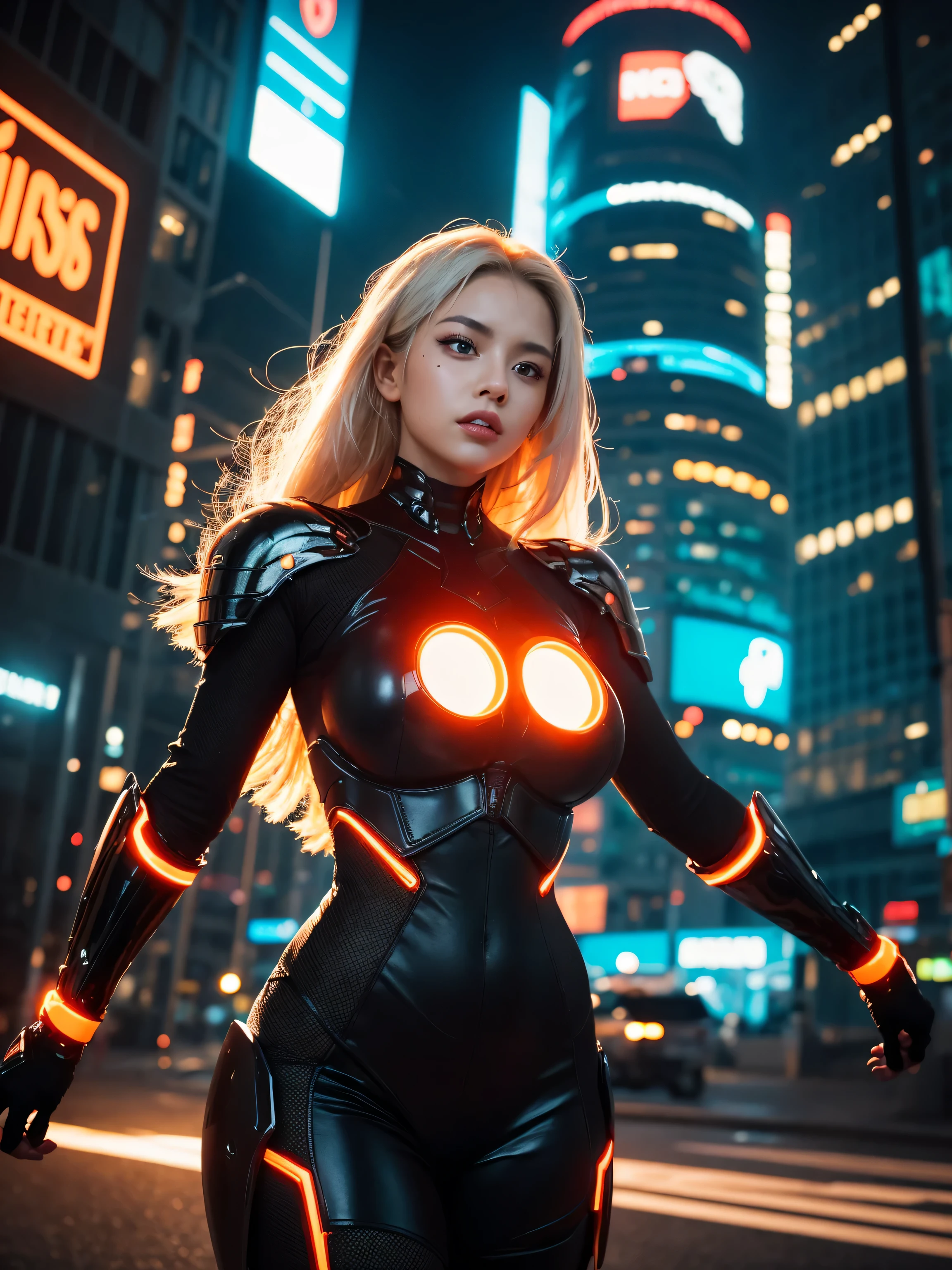 (nsfw), intricate details, 1girl, night, (bright neon colors), ((flying over futuristic cyberpunk city)), detailed background, (petite cyborg girl, ((cute perfect face, bright glowing red eyes)), (perfect anatomy, perky breasts), (absurdly long gradient orange and white hair, hair blowing in the wind)), detailed ribbed impossible bodysuit, shoulder armor, cybernetic limbs, dynamic angle,