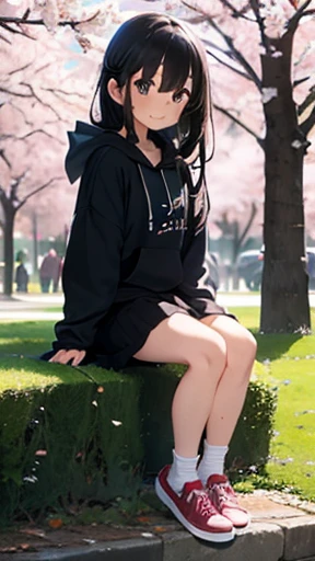 spring park、Cherry tree in full bloom、sit、girl、black hair、long hair、Forehead is coming out、all back、big hoodie、long skirt、sneakers、whole body、smile