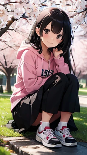 spring park、Cherry tree in full bloom、sit、girl、black hair、long hair、Forehead is coming out、all back、big hoodie、long skirt、sneakers、whole body、smile