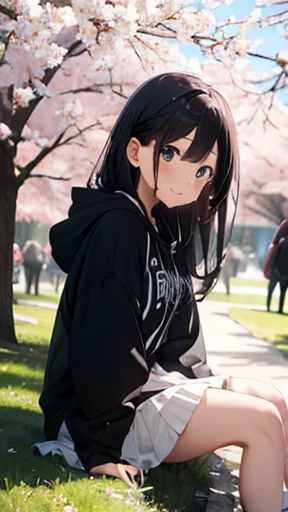 spring park、Cherry tree in full bloom、sit、girl、black hair、long hair、Forehead is coming out、all back、big hoodie、long skirt、sneakers、whole body、smile