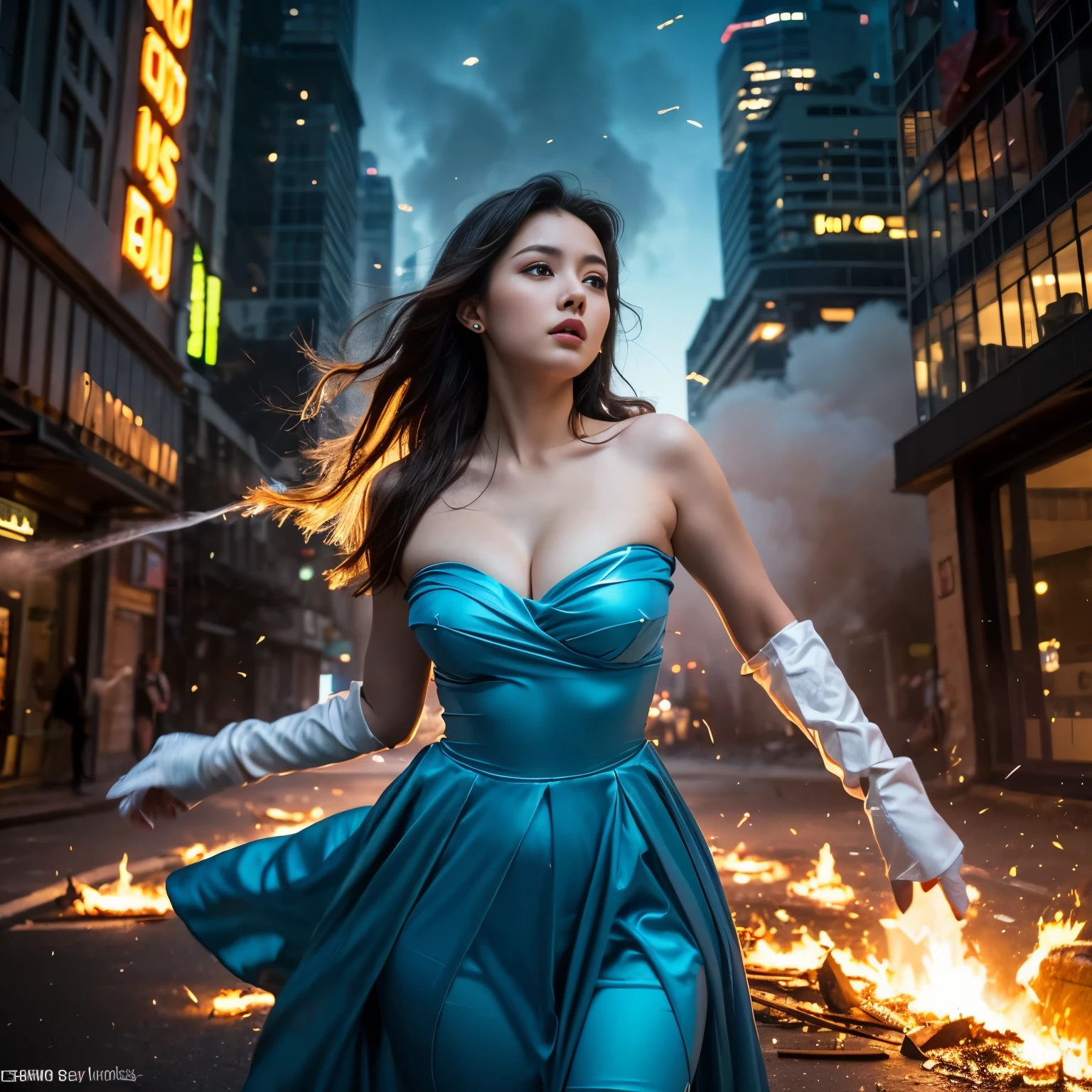 (highest quality、4k、8k、High resolution、master piece: 1.2)、Super detailed、(real、photorealistic、photorealistic: 1.37)、Destruction of a Great City、A telekinetic woman stands in front of a jellyfish robot controlled by an invader 、Women are young and beautiful、18-year-old、unparalleled beauty、Insert mental barriers to resist robot attacks、vibrant cityscape、Bright colors、Shining skyscrapers、busy street、Futuristic architecture and technology、Advanced holographic display、Neon light splashes 、dramatic lighting、intense shadow、Awe-inspiring power that exudes from women、Determination in His Eyes、An elegant flowing gown、Dynamic action in the wind、Reach out and rush towards the robot.、A powerful energy emanates from the hands、Blue glowing aura、sparks of electricity、electricity crackling in the air、A vortex of energy surrounding a woman、A fascinating and surreal atmosphere、A sense of danger and impending destruction、Background chaos and destruction、Crumbling buildings、flying debris、Smoke and flames、 The contrast between beauty and destruction、The war between technology and the extraordinary power of young women。