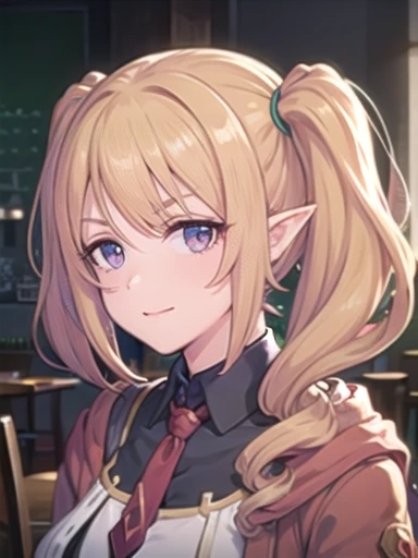 chloe,(masterpiece), (highest quality) , (super detailed), shine, shine光, ray tracing, Depth of the bounds written, (perfect face, detailed face, fine eyes,perfect hand :0.7),(8k),super realistic face,ray tracing,perfect lighting,highest quality, super detailed, shine目, (look at the audienceいる,smile:1.1), ((1 girl)), (mature woman:1.4), classroom,1 girl、solo、chest、look at the audience、blush、bangs、chloe(princess connect)、princess connect、pointy ears、elf、twin tails、blonde hair、purple eyes,,((super detailed背景)), mistress pose, ((8k wallpaper)) , smile, blush, outdoor, Day, blue sky, empty, look at the audienceいる, moody lighting, face-to-face audience,