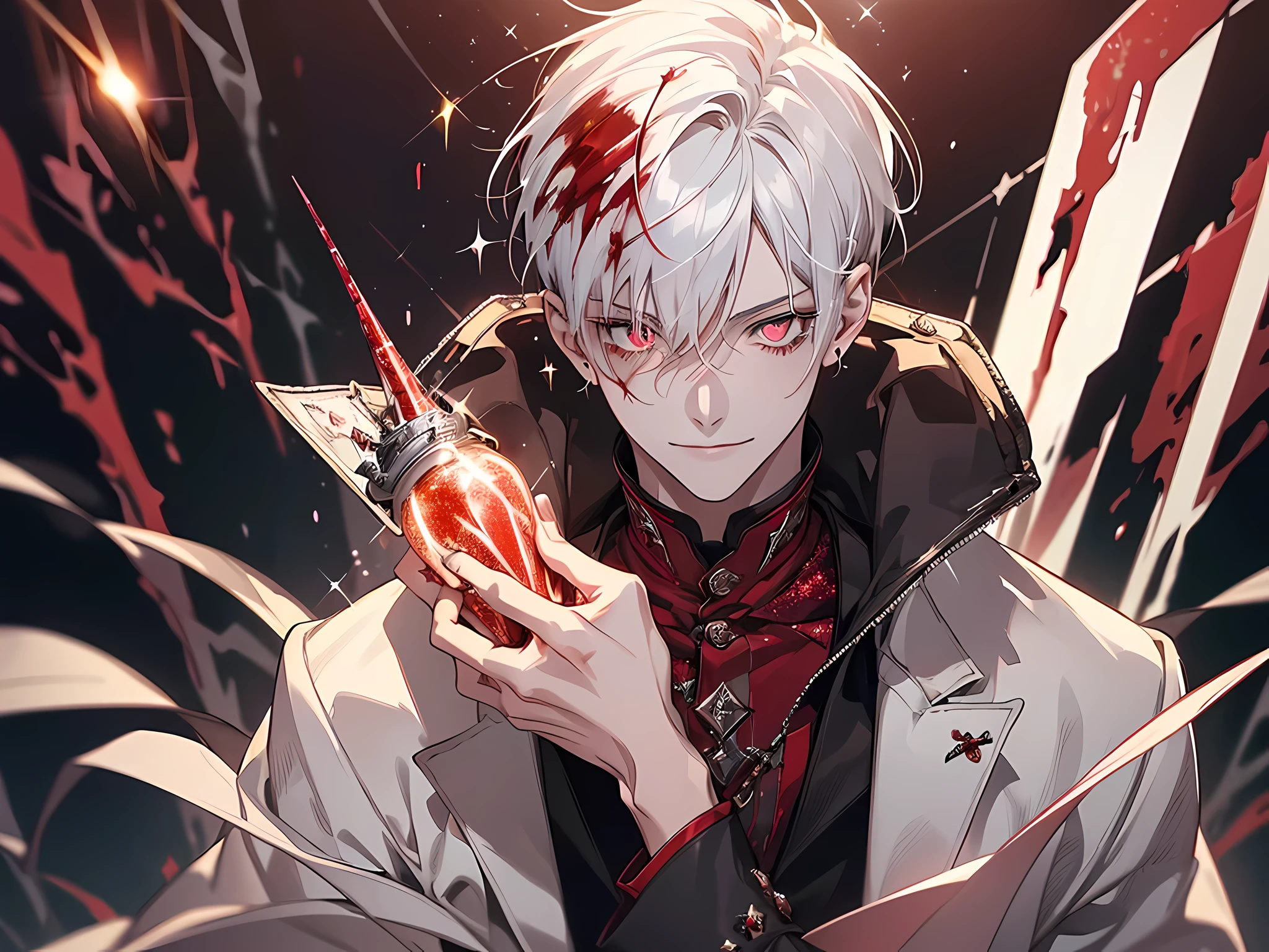 Best quality, ultra high detail, extremely detailed eyes, detailed face, male face, a boy, short white hair, ((red incandescent sparkling eyes:1.4)), (bleeding), gothic static background with blood spreading, he wears a white jacket with blood, his smile is macabre, dark, dark--Niji:5--gothic cinema lighting--Paramount and Wit Studios, half-body