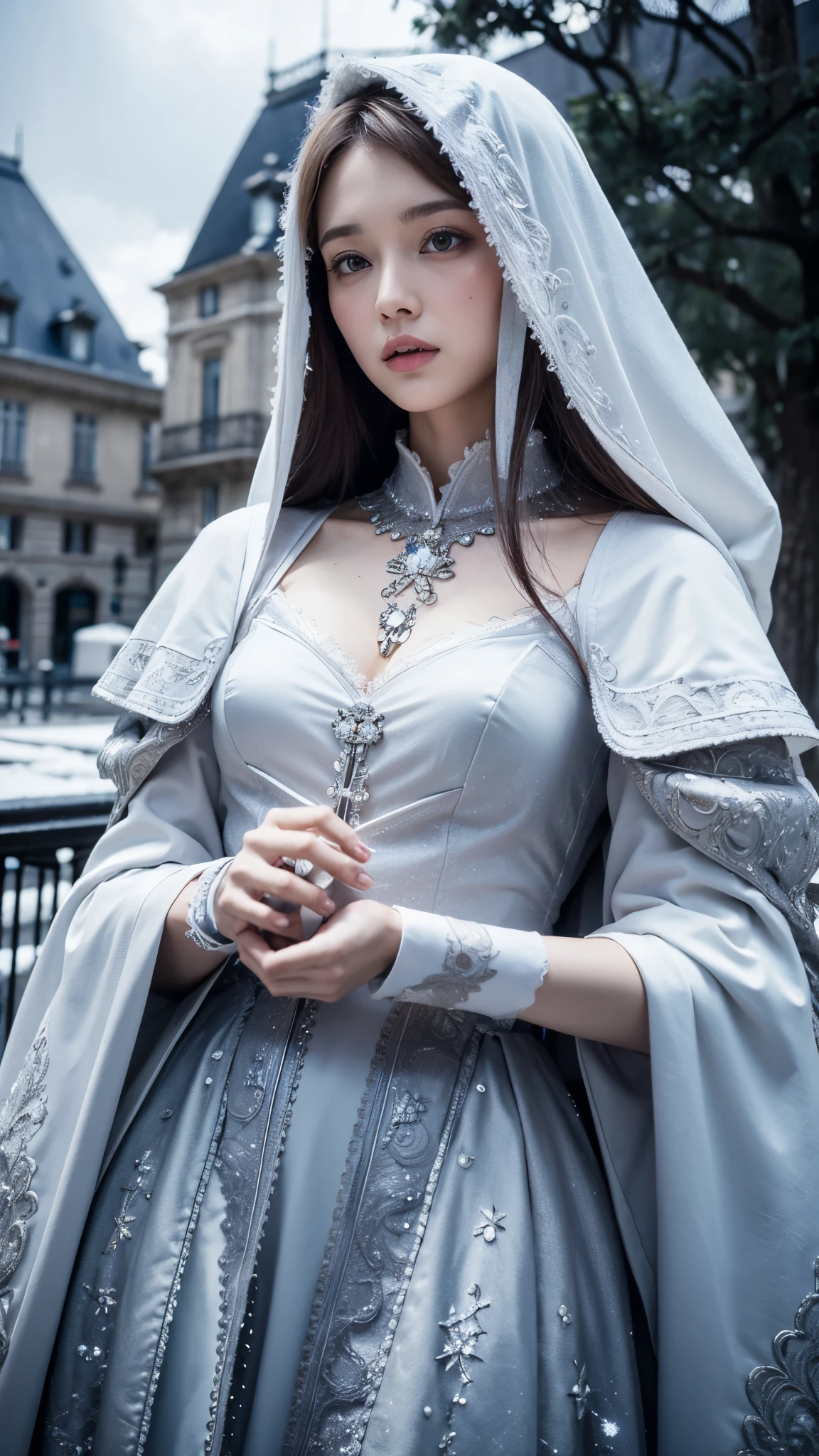 Eleanor Vere Boyle and Andreas Untersberger, Hantu Ulat Sutera adaptive and winter atmosphere, scattered, exquisite details, Paris City, Cloud, 1 girl, (central composition, symmetry: 0.1)