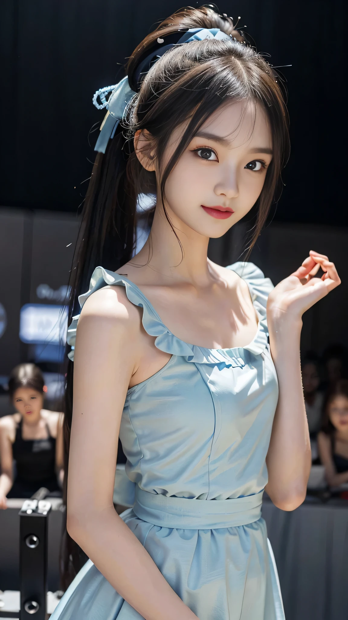 close up face,standing on stage,Blue colored long dress with lots of ruffles,One woman,masutepiece, The highest image quality, High quality, the background is clear,Beautiful woman, Japanese, Detailed, Detailed eyes, Detailed skin, Beautiful skin, 超hight resolution, (reality: 1.4),Very beautiful woman, Slightly younger face, Beautiful skin, slender, (Ultra photo realsisim), (hight resolution), (8K), (Very detailed) (beautifully detailed eyes), (super detailed), (Detailed face), view the viewer, Fine details, Detailed face, Staring straight ahead, Staring straight ahead, photos realistic, Bright lighting, Professional Lighting, Black hair,poneyTail,a baby face,fifteen years old,Hairstyle is ponytail,long ponytail hairstyle,slight smile,neat and tidy clothing,Beautiful Japanese KPOP idol photo, hair style is ponytail, my eyes are double and wide, baby face, smile and look straight ahead, slender, small breasts,Blue ribbon on head,