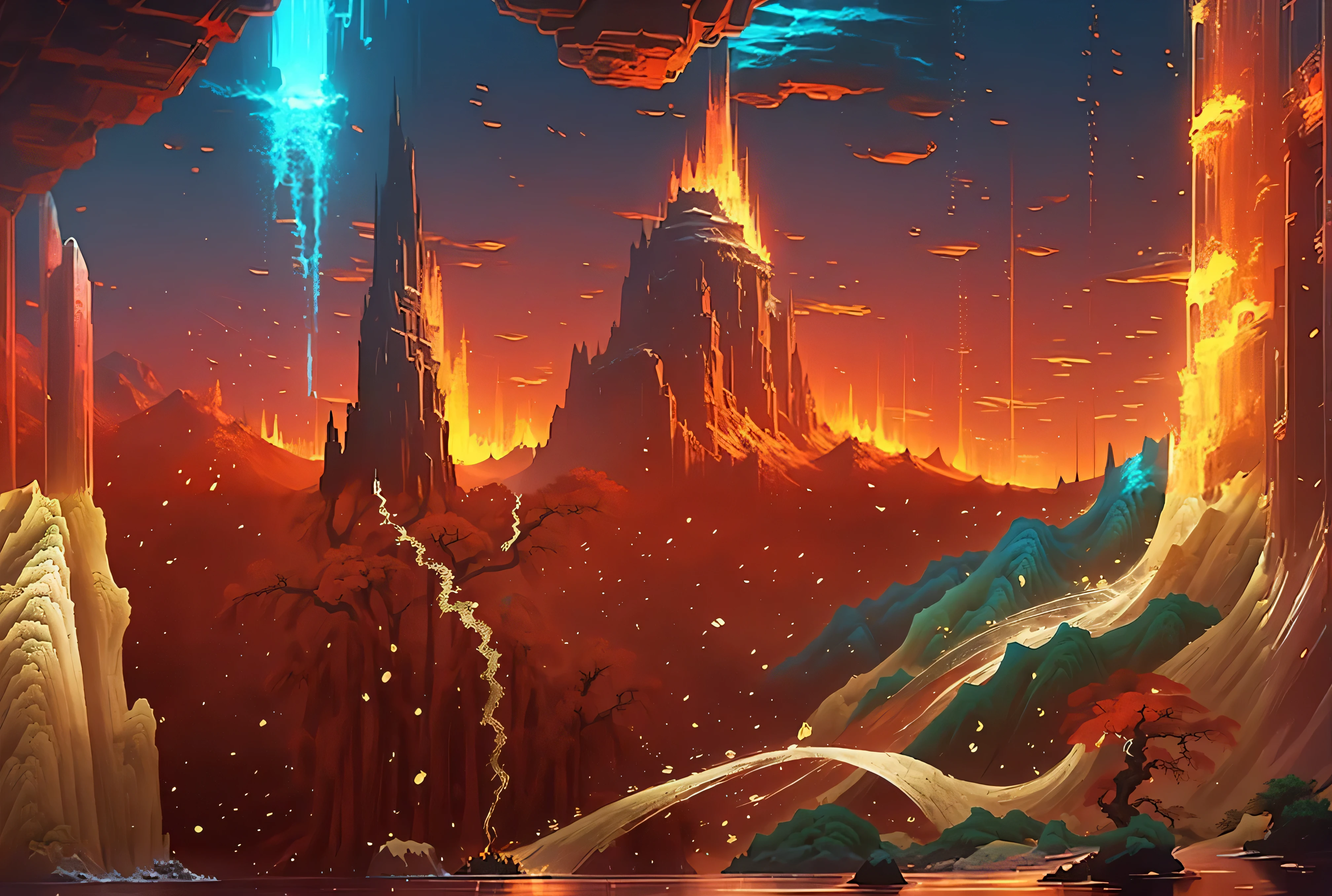 Red sky over waterfall in mountains, background art,red sky with golden flecks, background artwork, painted as a game concept art, hot environment, stylized concept art, concept art, concept art, Detailed digital 2D fantasy art