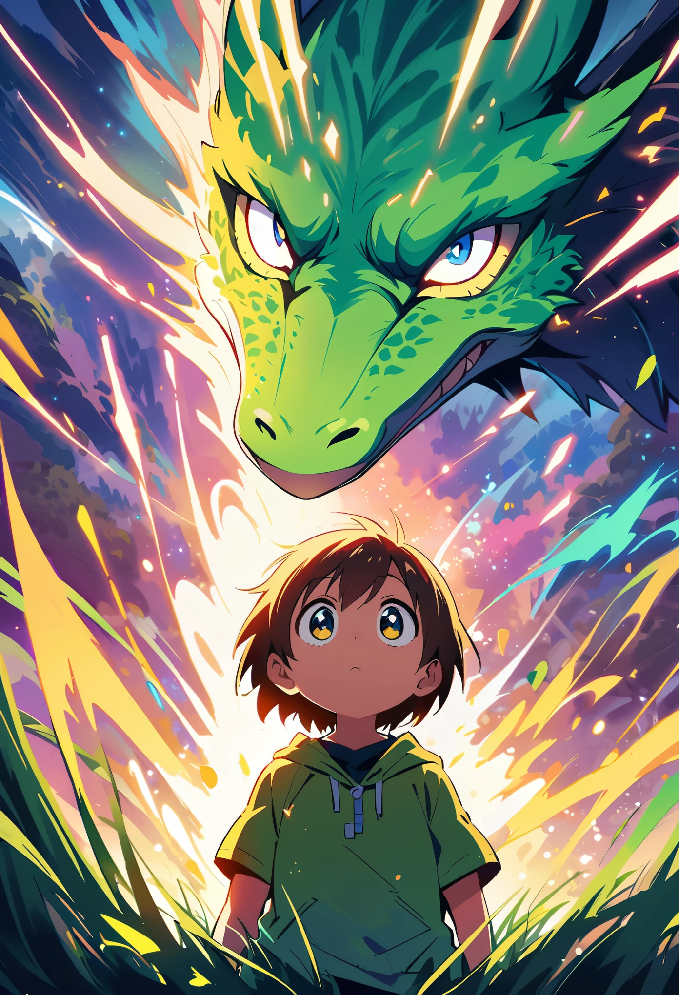 A little boy stands in front of the head and neck of an adult dragon. He is looking up at it with big eyes in the style of full color anime. The scene has a fantasy forest background with light rays shining on them through green grass.