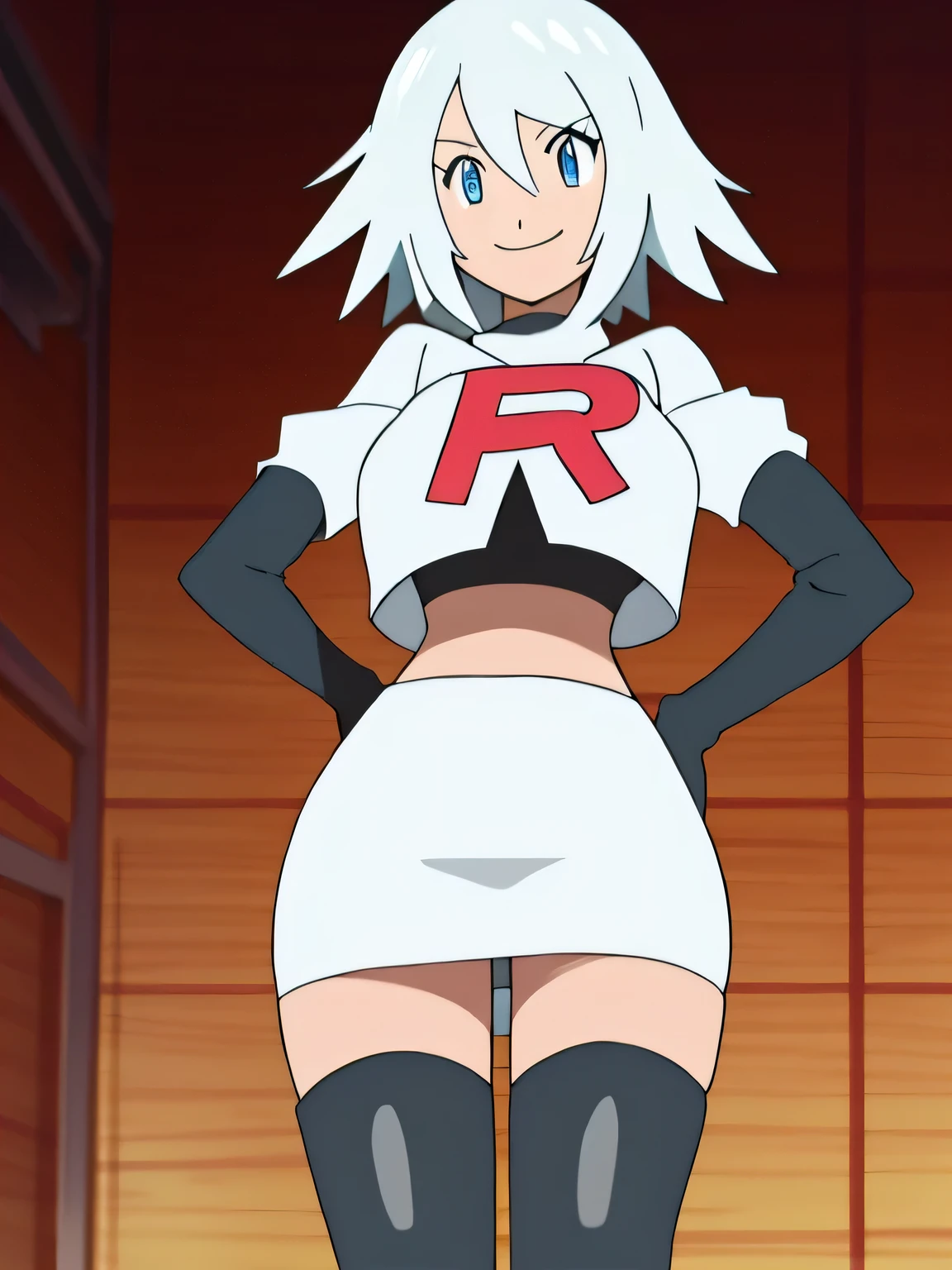 raine sage,very large breat,white hair,8k, masterpiece,highres,very large breast, team rocket uniform, red letter r, white skirt,white crop top,black thigh-high boots, black elbow gloves, seductive smile, looking down at viewer, hands on hips, cowboy shot, zettai ryouiki,from below, black panties,anime style, vivid colors, sharp focus, intense lighting,