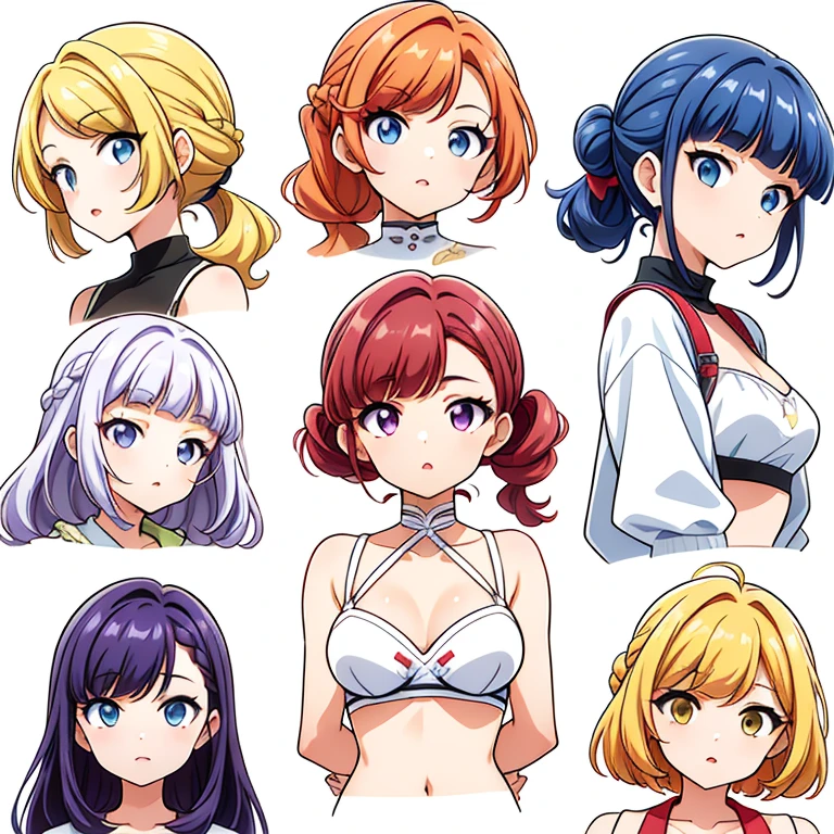 9 girls, white background,  different characters, multiple views, (Close up heads, portrait, mugshot), bra, bare shoulders, bikini, different hair colors, different hair styles, 
twin-tail hair style, 
pony-tail hair, wavy 
long hair, 
braid, 
parted bangs, 
high ponytail, 
low ponytail, 
big hair, cornrows, 
hair bun, 
hair rings, 
half updo hairstyle, 
diagonal bangs, 
two side up hair, 
flipped hair, 
blunt bangs, 

warm-toned hair colors, 
cool-toned hair colors, 
brown hair color, 
red hair color, 
yellow hair color, 
white hair color, 
purple hair color, 
blue hair color,