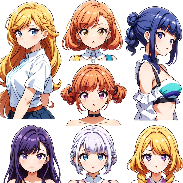 9 girls, white background,  different characters, multiple views, (Close up heads, portrait, mugshot), bra, bare shoulders, bikini, different hair colors, different hair styles, 
twin-tail hair style, 
pony-tail hair, wavy 
long hair, 
braid, 
parted bangs, 
high ponytail, 
low ponytail, 
big hair, cornrows, 
hair bun, 
hair rings, 
half updo hairstyle, 
diagonal bangs, 
two side up hair, 
flipped hair, 
blunt bangs, 

warm-toned hair colors, 
cool-toned hair colors, 
brown hair color, 
red hair color, 
yellow hair color, 
white hair color, 
purple hair color, 
blue hair color,