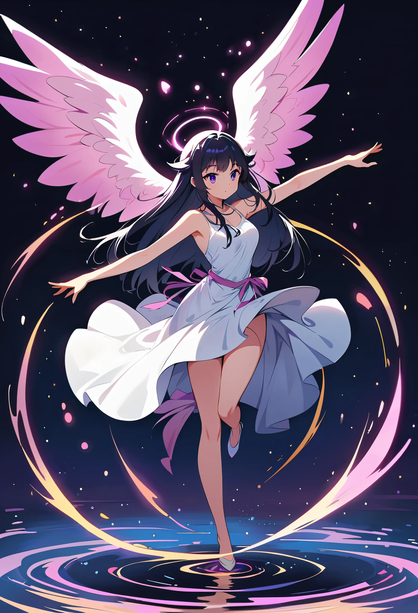 in a white dress dancing on water. She has black hair and is floating above the ground with glowing rings around her. She's twirling while doing an elegant dance pose, her skirt flaps out to form ribbons that float into space. She wears large angel wings on her back, in the style of an anime. Cartoon, fantasy, full figure, dark blue background, purple glow.
