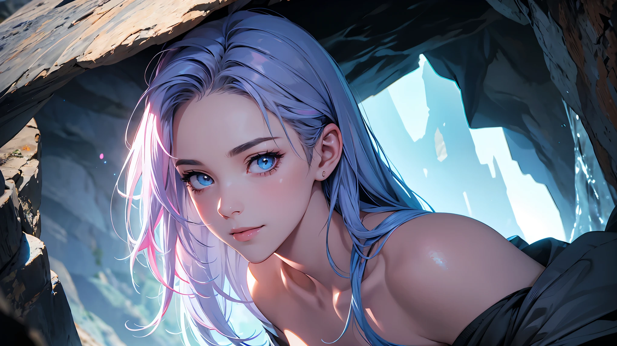 highly detailed, SFW, portrait, 1 girl, blue pink_hair, nude, Smile, (perfect_Face), boundary, close up, mad, exist_Back, Gorgeous, complex, dramatic lighting, detailed_Background, full_Body, Best hair quality, Extra super detailed eyes, Extra high facial detail, side_body, eye reflection, focus on eyes, detailed top eyelashes, high textured skin, lowexposure, Cave entrance, film grain, atmospheric perspective, caustics, 8K, masterpiece