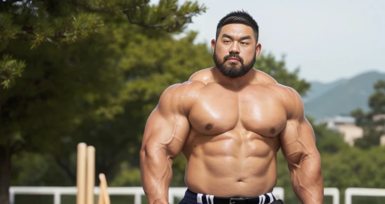 (cap:1.2), (baseball uniform:1.2), (at playground:1.4), Japanese man, Chinese man, Korean man, Taiwanese man, manly face, fat face, (round face:1.4), (monolid eyes:1.2), (buzz cut:1.4), very large and strong body, bulky body, beefy muscles, (bulging muscles:1.4), (very large pectoral muscles:1.4), (muscular arms:1.4), muscular abs, muscular legs, muscular back, brightens oily skin, master piece, (realistic:1.4), panorama, distant view