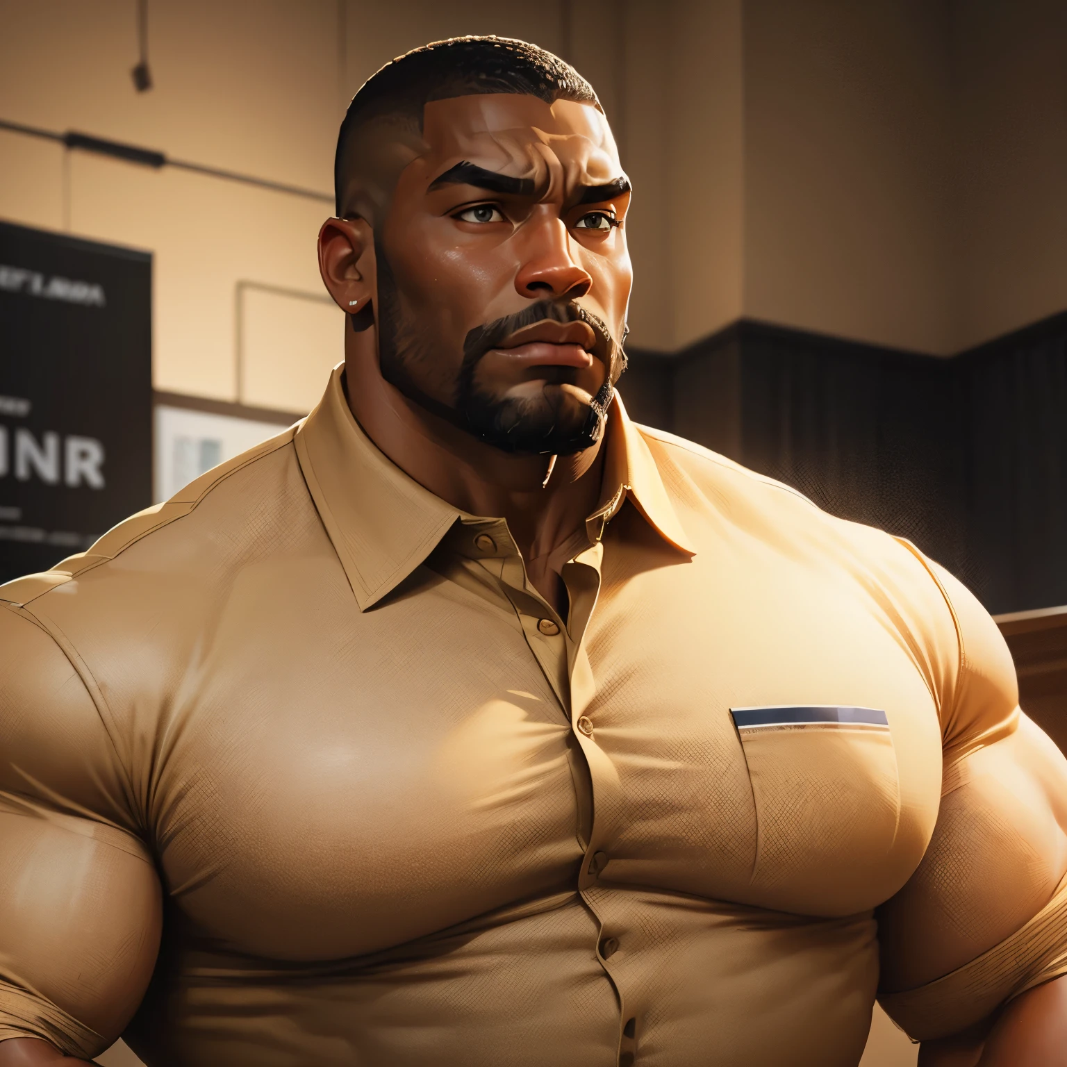 an exaggeratedly muscular and large bodyguard, beefy build, beard, dark-skinned african american male, buzzcut hair with square line, worried surprised expression, (wearing beige collared shirt: 1.2), company logo patch on shirt, (bara pecs: 1.3), (arm and chest hair: 1.1), portrait HD, (courtroom)