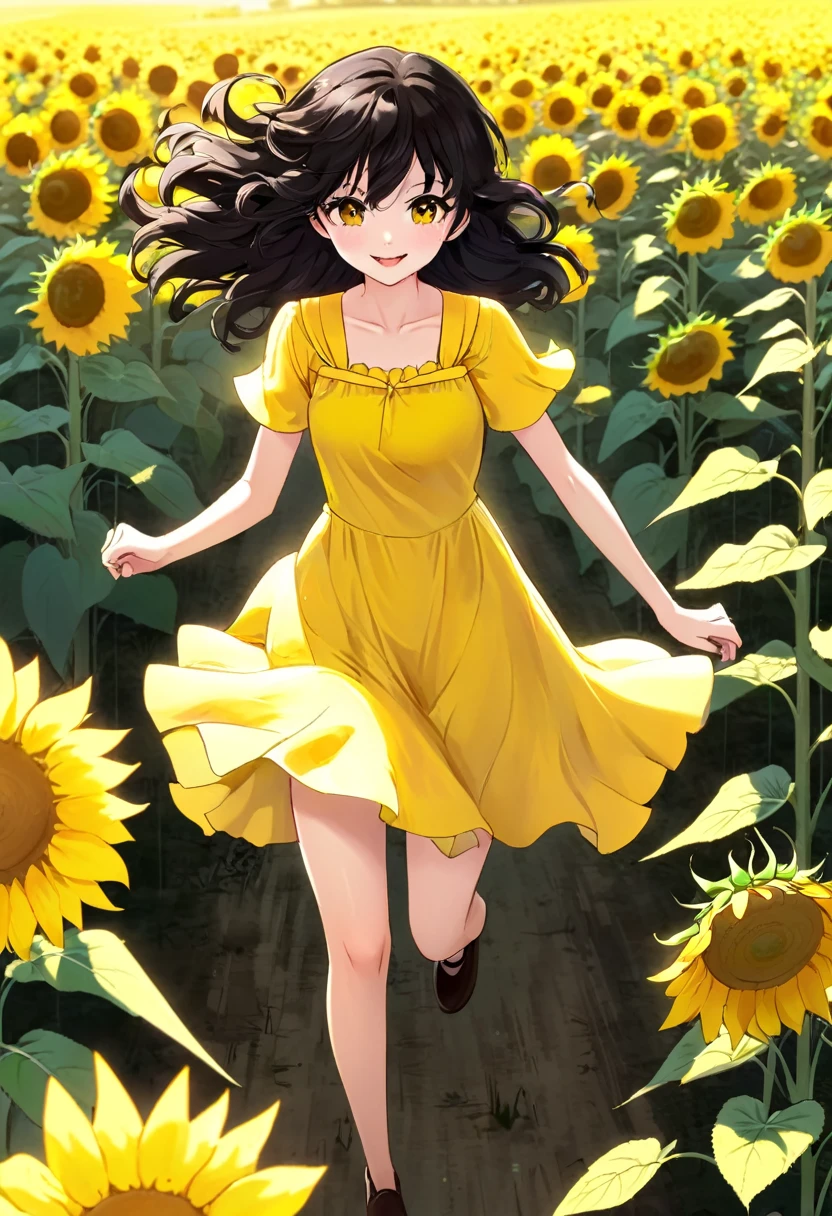 Anime drawing of a girl with dark brown eyes curly black hair wearing a yellow dress, corriendo dentro de un campo de girasoles, esta muy feliz.