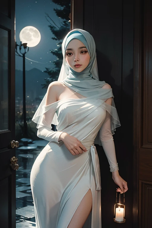 ((Best quality, 8k, Masterpiece :1.3)), Full body, Sharp focus :1.2, Beautiful woman with perfect figure :1.4, Slender stomach :1.2, ((cyan, and black hair)), body dress : 1.1 , ( Night city view, large windows, rain outside, Bedroom :1.1), Highly detailed facial and skin textures, Detailed eyes, Double eyelids, large breasts, Muslim clothing, hijab, Interior Scene, Office, restrained, Closed, dark space, cloudy clouds, Covering the intimate parts