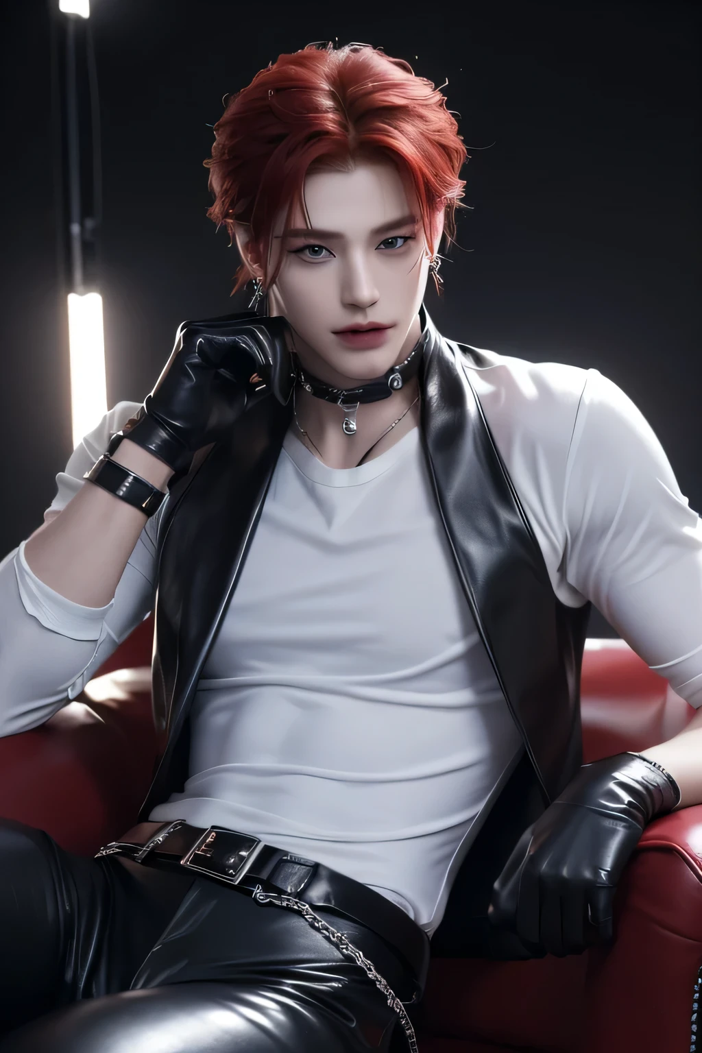 ((highest quality, 8K, masterpiece: 1.3)), Handsome boy from a visual kei band:1.5, 20-year-old、Delinquent boy、 well-groomed face, Red hair color、thin face、（white skin:1.5）、blue eyes、boy with makeup、Super handsome、laugh suspiciously、sexy eyes、Extra-fine face, handsome nose, small eyes and face, beautiful lighting, High resolution, detailed mouth, smile, whole body: 1.5, perfect body shape、super slim，Midial Hair、pointed hair set、white shirt、Chrome hearts、leather pants、leather belt、Silver earrings、leather gloves、lip piercing