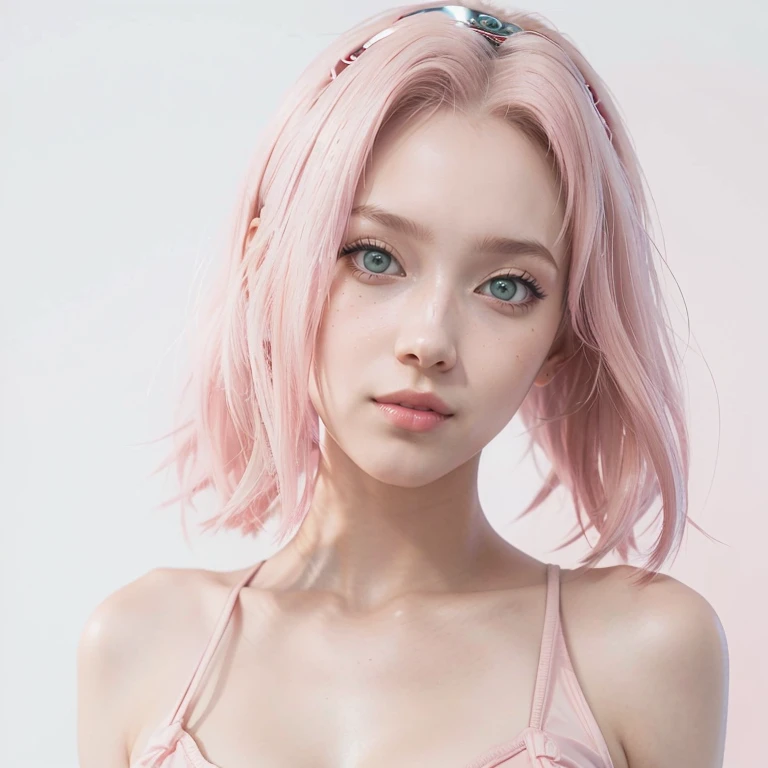 young woman, short shoulder-length pink hair, wide forehead, porcelain skin, pink eyebrows, big emerald green eyes, buttoned nose, full lips, heart-shaped face, slender body, small breasts, red tank top, Sakura Haruno , realistic, realism, details, 3d, well detailed