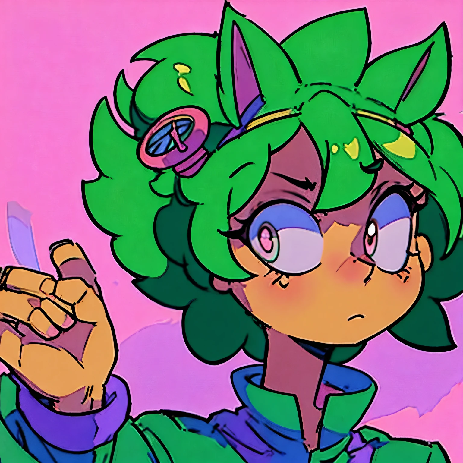 one anime girl short green hair and pink eyes pointing at camera and looking foward jotaro kujo style and a mad looking face