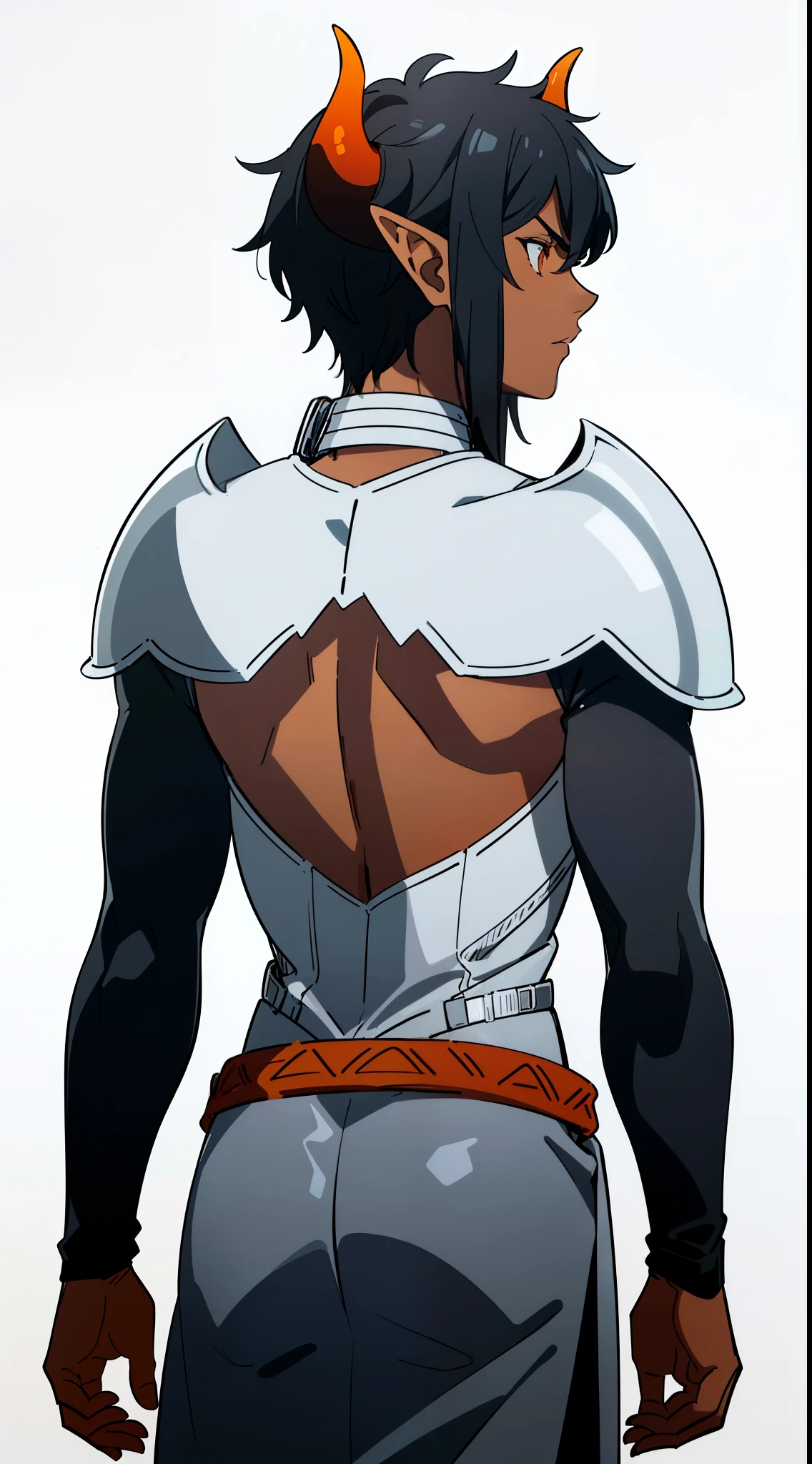 (1boy,20 years,solo,serious),((dark skin)),((silver armor.knight,black hair,elf ears,(horns),cowboy shot,orange eyes,(white background),from back