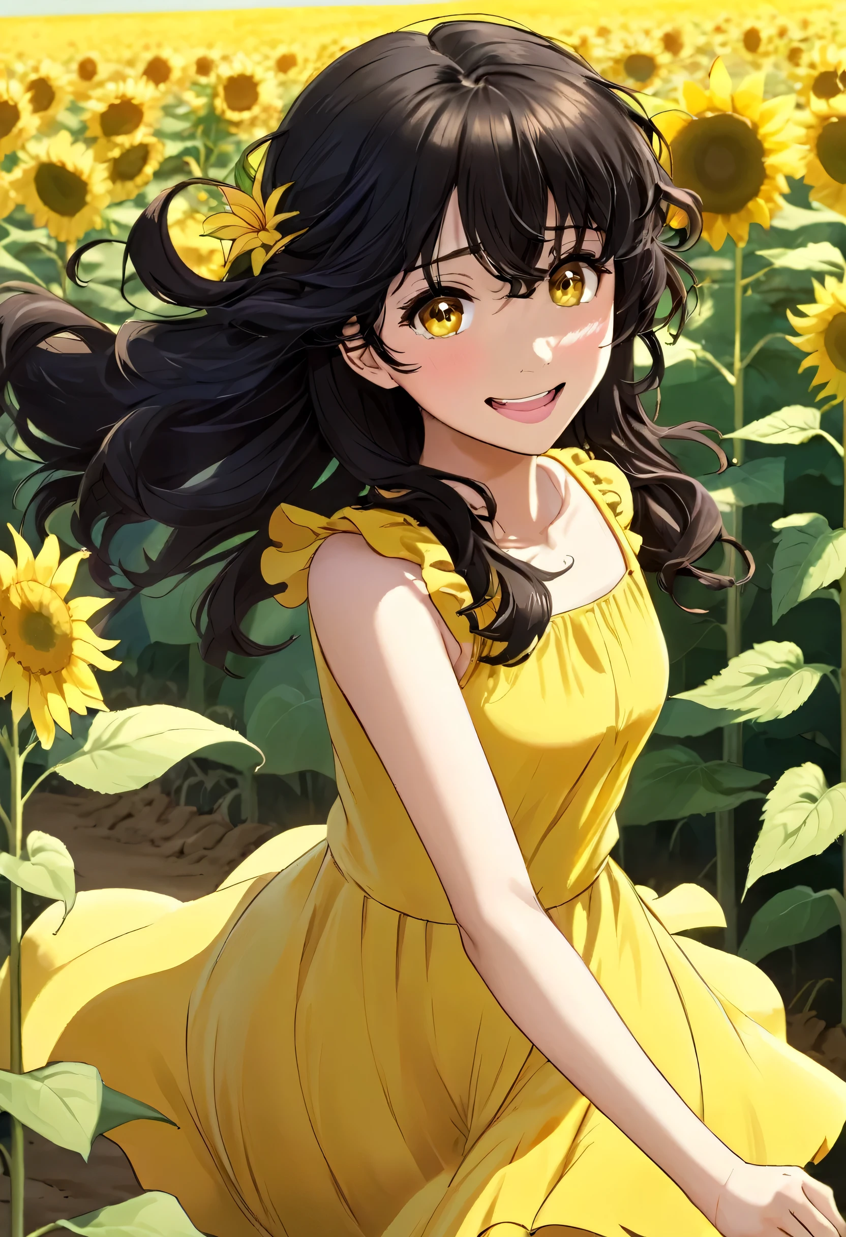 Anime drawing of a girl with dark brown eyes curly black hair wearing a yellow dress, corriendo dentro de un campo de girasoles, esta muy feliz. 