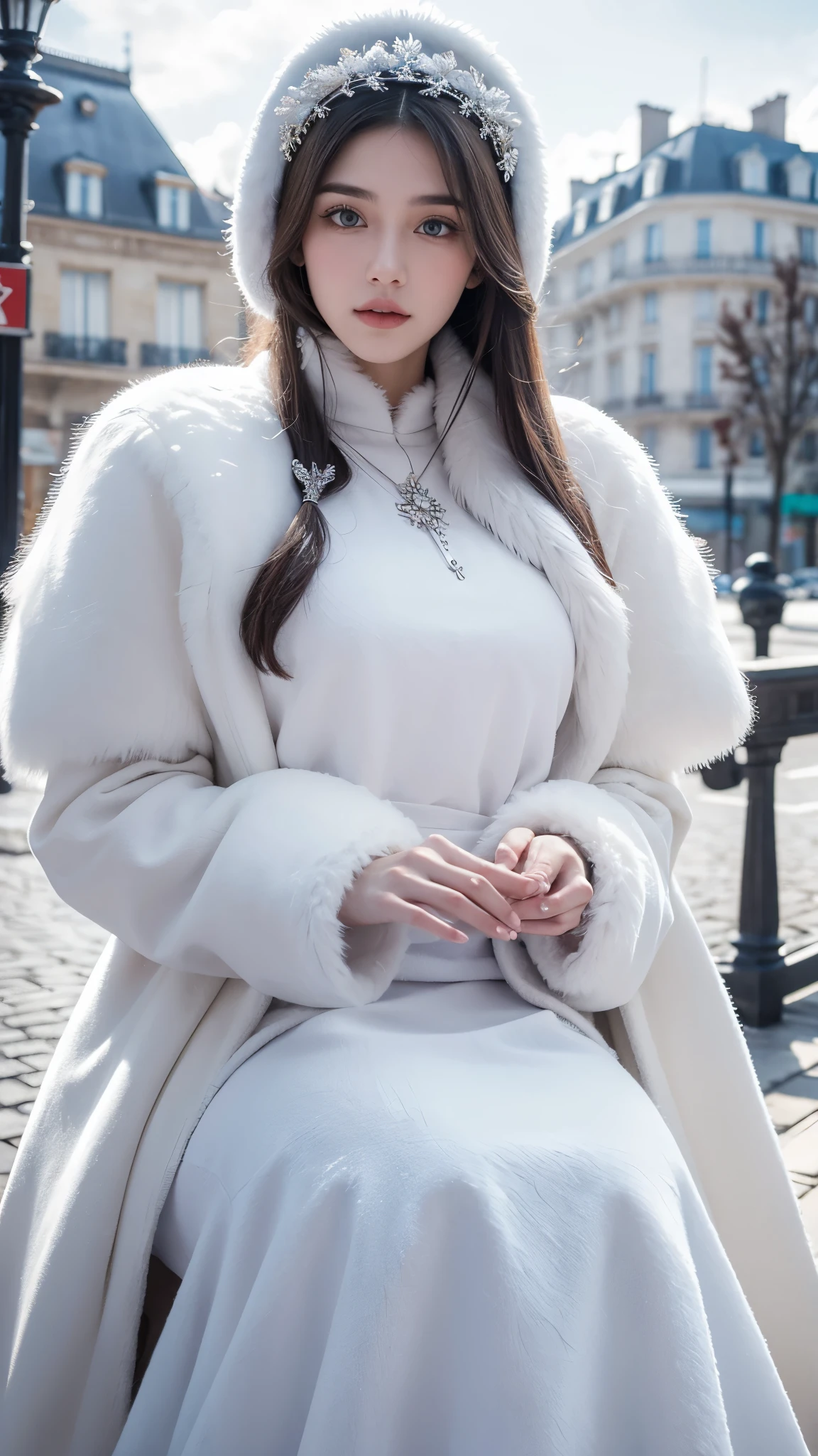 Eleanor Vere Boyle and Andreas Untersberger, Hantu Ulat Sutera adaptive and winter atmosphere, scattered, exquisite details, Paris City, Cloud, 1 girl, (central composition, symmetry: 0.1)