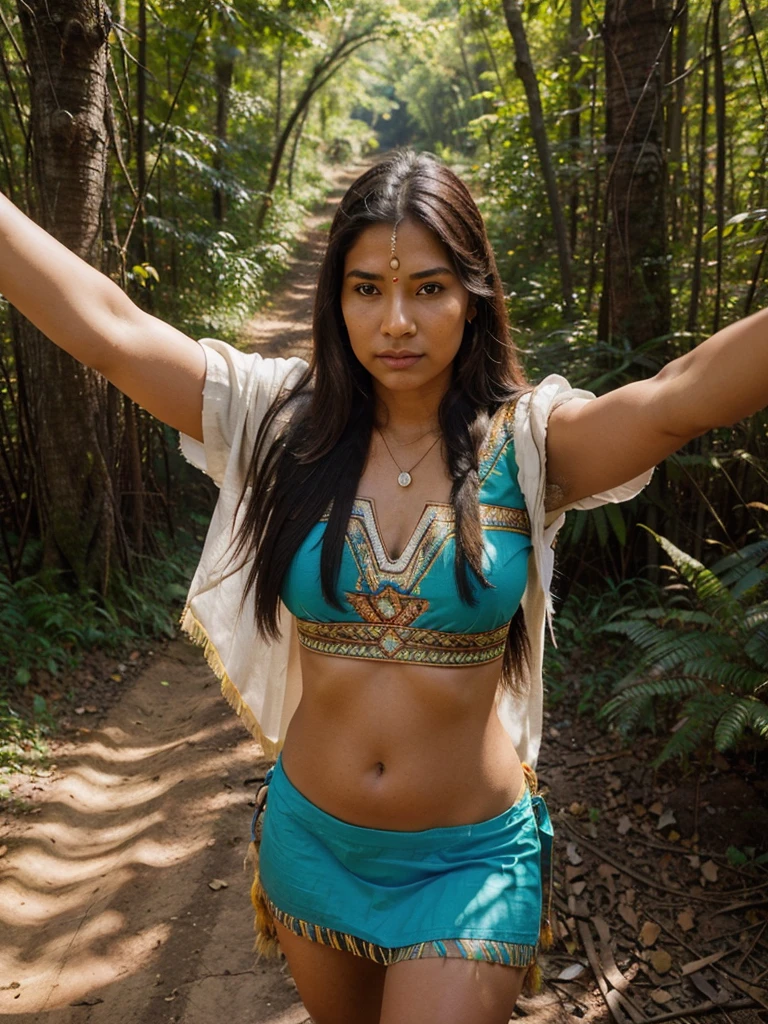 indigenous woman, wearing native Indian clothes in the middle of the forest, corpo perfeito, beautiful appearance, is holding an arrow, imagem realista, complete view from head to toe, ((idade 30 anos)), olhar atraente,(( tirando uma selfie))