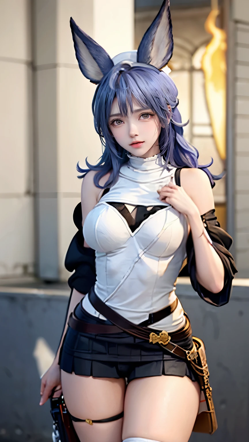 (very delicate and beautiful:1.2)super model,perfect shape,girl's,,Thighhighs,beautiful feet,beret,gentle expression,spoiled look,Innocent face,ミニskirt,big breasts,beautiful breasts,voluptuous,bike shorts,,givenchy,masterpiece, highest quality, High resolution, 8K, , skirt, uniform, short hair, messy hair, blush, sexy pose, big breasts, seductive pose, sweating,, sweating, cityscape, vivid details, super detail, realistic skin texture, Surface details, Beautiful eyes in every detail, medium full shot, Girl holding a sword,flame background,