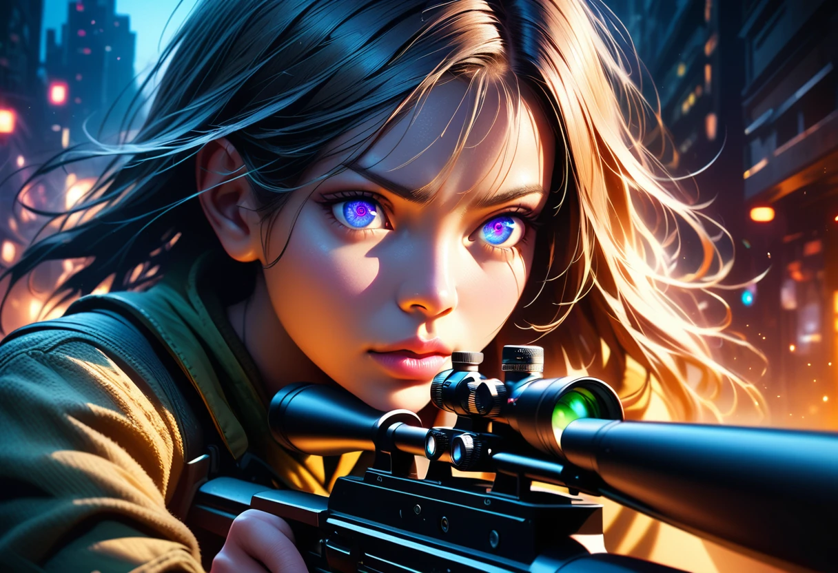 A sniper looking through the scope and a targeted girl (best quality, ultra-detailed), with realistic facial features (extremely detailed eyes, detailed lips), capturing their intense emotions in a high-resolution artwork (4k, photorealistic). The sniper's gear and weaponry should be meticulously depicted using physically-based rendering. The girl should be shown in a vulnerable yet determined pose, wearing casual attire. The backdrop should feature a picturesque landscape (landscape), with a hint of an urban setting. The color palette should be vibrant and vivid, enhancing the overall aesthetic of the image. The lighting should be carefully crafted to create a dramatic effect, with a focus on shadows and highlights.