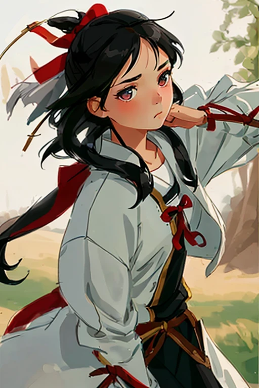 archer kid girl,medium black hair,beautiful detailed eyes,holding her bow,shy and confident expression, ,mystical background,soft natural lighting,vibrant colors