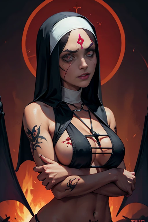 Tanned skin, possessed nun, demonic eyes, beautiful girl, cursed, blood tattoos, halter, watching viewer,