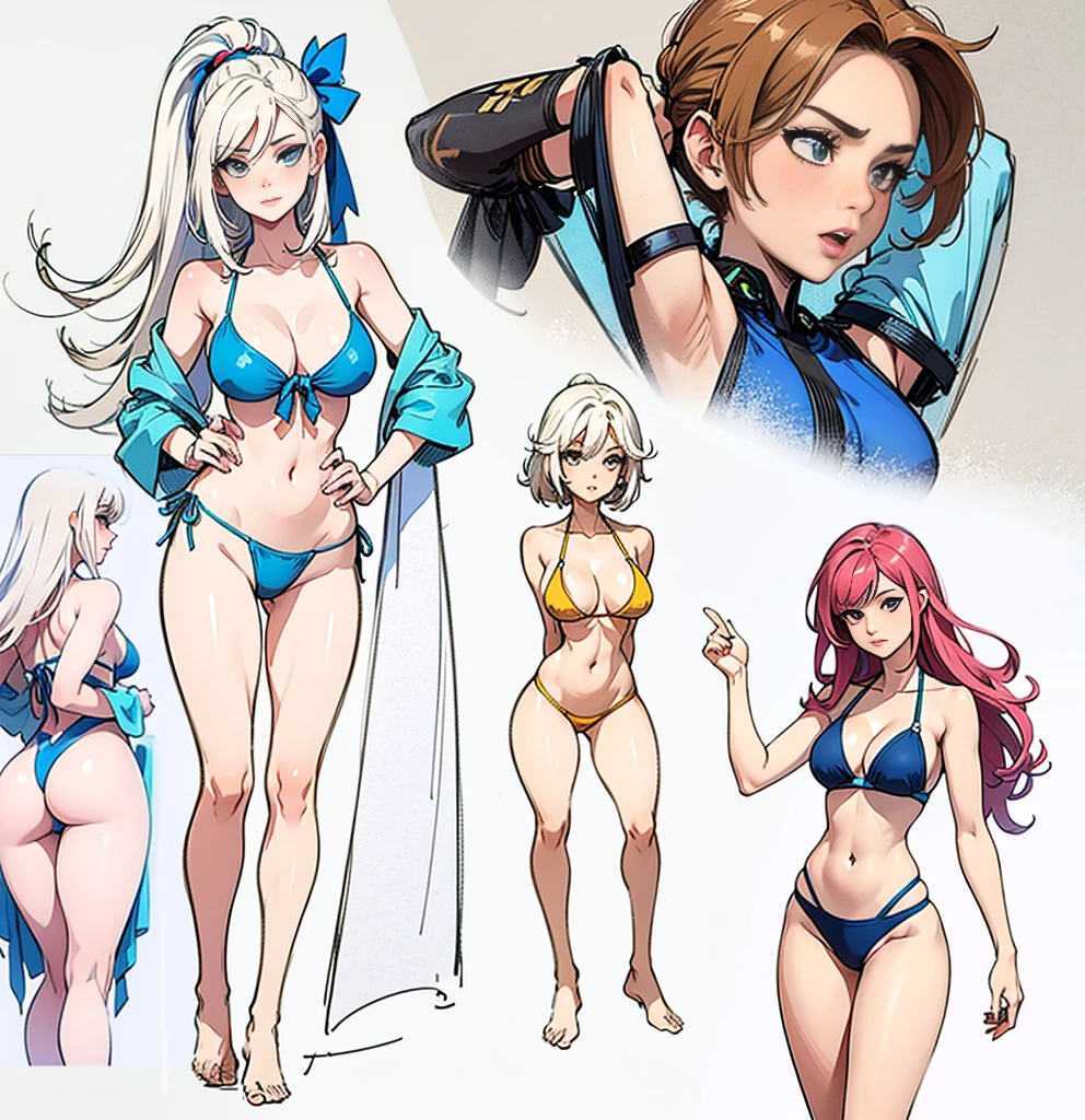 sketches of a woman in a bikini and a man in a swim suit, oppai proportions, realistically proportioned body, realistic body proportions, anime proportions, realistic bikini, realistic proportions!!, realistic body shape, realistic proportions sfw, feminine proportions, various pose, detailed body shape, is wearing a swimsuit, realistic proportions, stylized proportions, attire: bikini