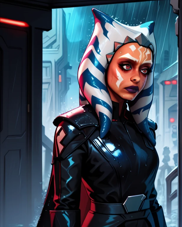 score_9,score_8_up,score_7_up,score_6_up,ahsoka tano red eyes, upper body, wet, armor,gloves,black bodysuit,black cape,belt,rain, science fiction,sith base, star wars, outdoors, rain, solo,