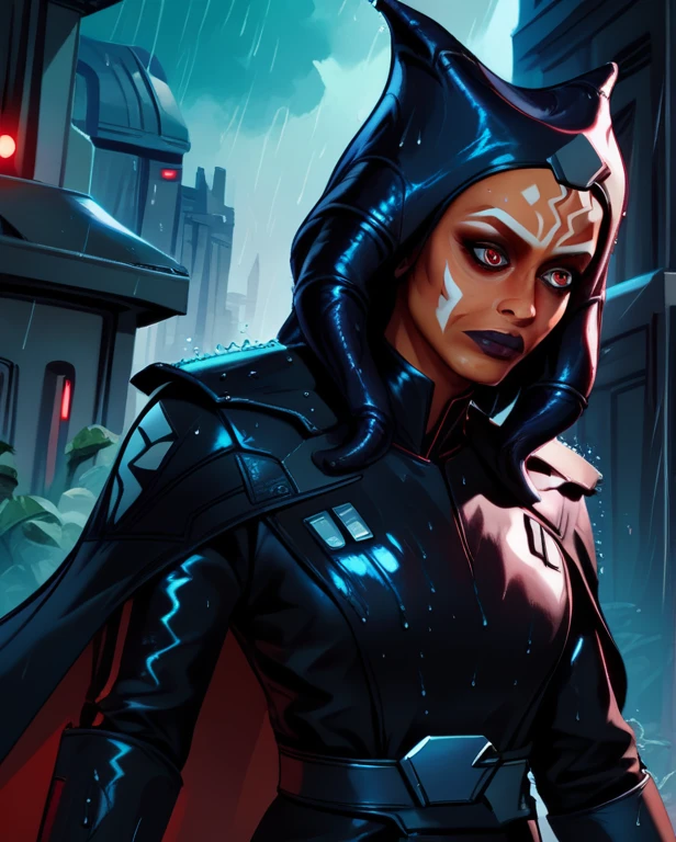 score_9,score_8_up,score_7_up,score_6_up,ahsoka tano red eyes, upper body, wet, armor,gloves,black bodysuit,black cape,belt,rain, science fiction,sith base, star wars, outdoors, rain, solo,
