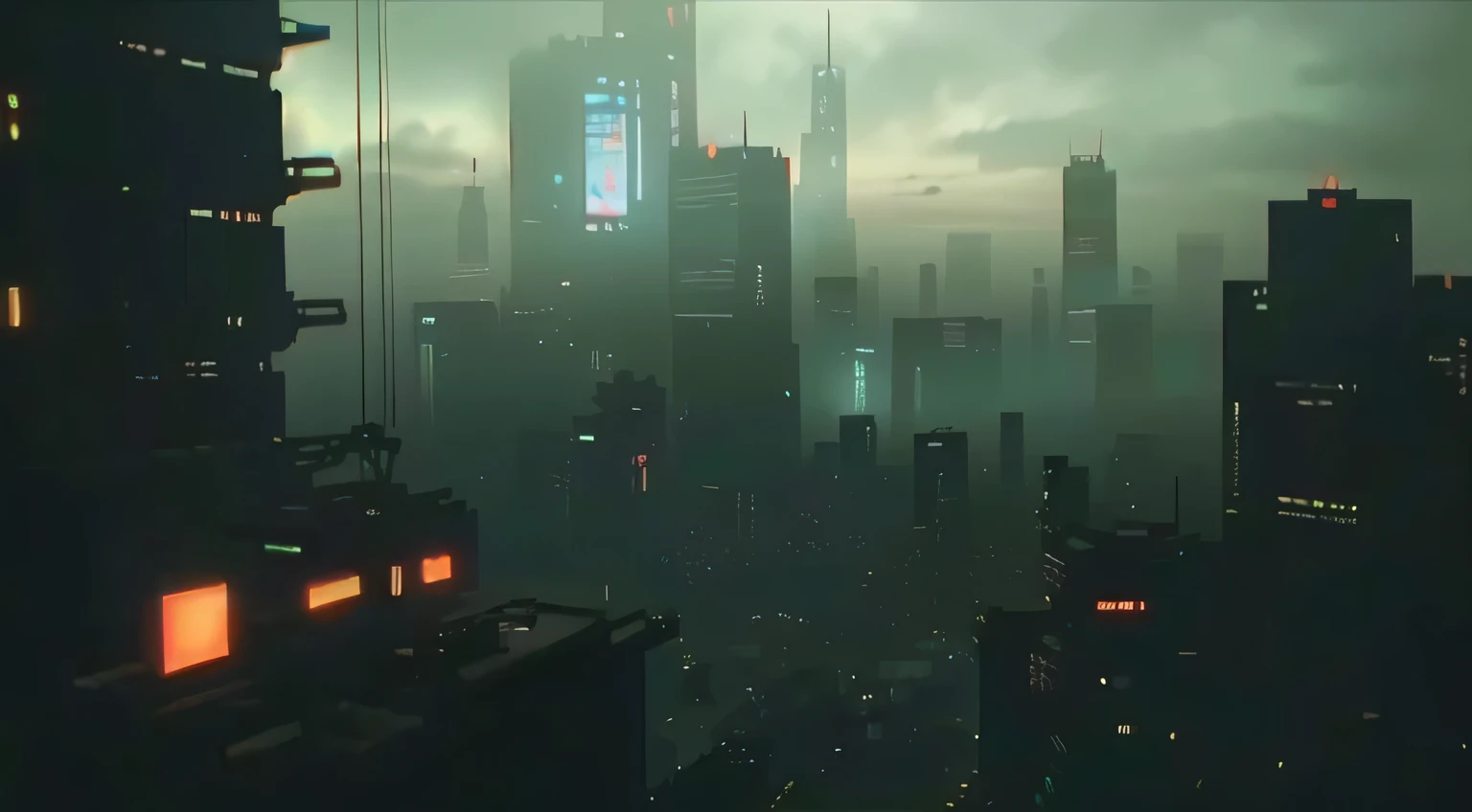 Arafed Blick auf eine Stadt bei Nacht mit einem nebligen Himmel, dunkle futuristische Stadt, futuristische dystopische Stadt, dystopian cyberpunk city, dark cyberpunk metropolis, Wie eine Szene aus Blade Runner, Cyberpunk-Stadt in der Ferne, Blade-Runner-Stadt, hyper realistic cyberpunk city, Blade-Runner-Stadtlandschaft, Blade-Runner-Stadt background, vor einer Science-Fiction-Stadtlandschaft, cyberpunk city