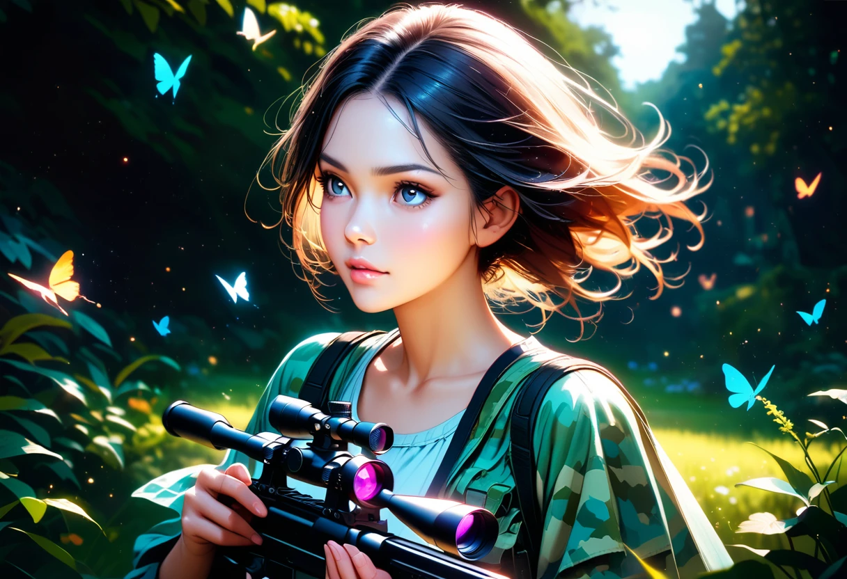 (best quality,4k,highres,masterpiece:1.2),ultra-detailed,realistic:1.37,sharp focus,a sniper looking through the scope,beautiful detailed eyes,beautiful detailed lips,determined expression,sniper rifle,camouflage uniform,garden background,summer afternoon lighting,subtle shadows,subject wearing a flowy dress,grass blowing in the wind,butterflies flying in the air,gentle breeze,rays of sunlight filtering through the trees,quiet and peaceful atmosphere