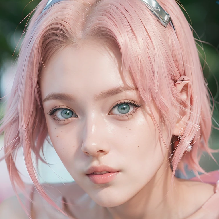 young woman, short shoulder-length pink hair, wide forehead, porcelain skin, pink eyebrows, big emerald green eyes, buttoned nose, full lips, heart-shaped face, slender body, small breasts, red tank top, Sakura Haruno , realistic, realism, details, 3d, well detailed