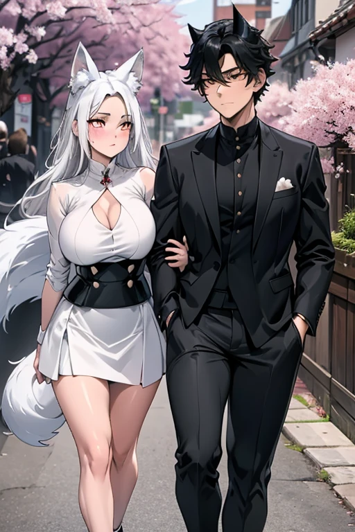 a handsome black haired man with golden eyes with black fox ears and a black fox tail is walking with a white haired woman with copper eyes and white fox ears and a white fox tail with an hourglass figure in a conservative blouse and skirt underneath a cherry blossom