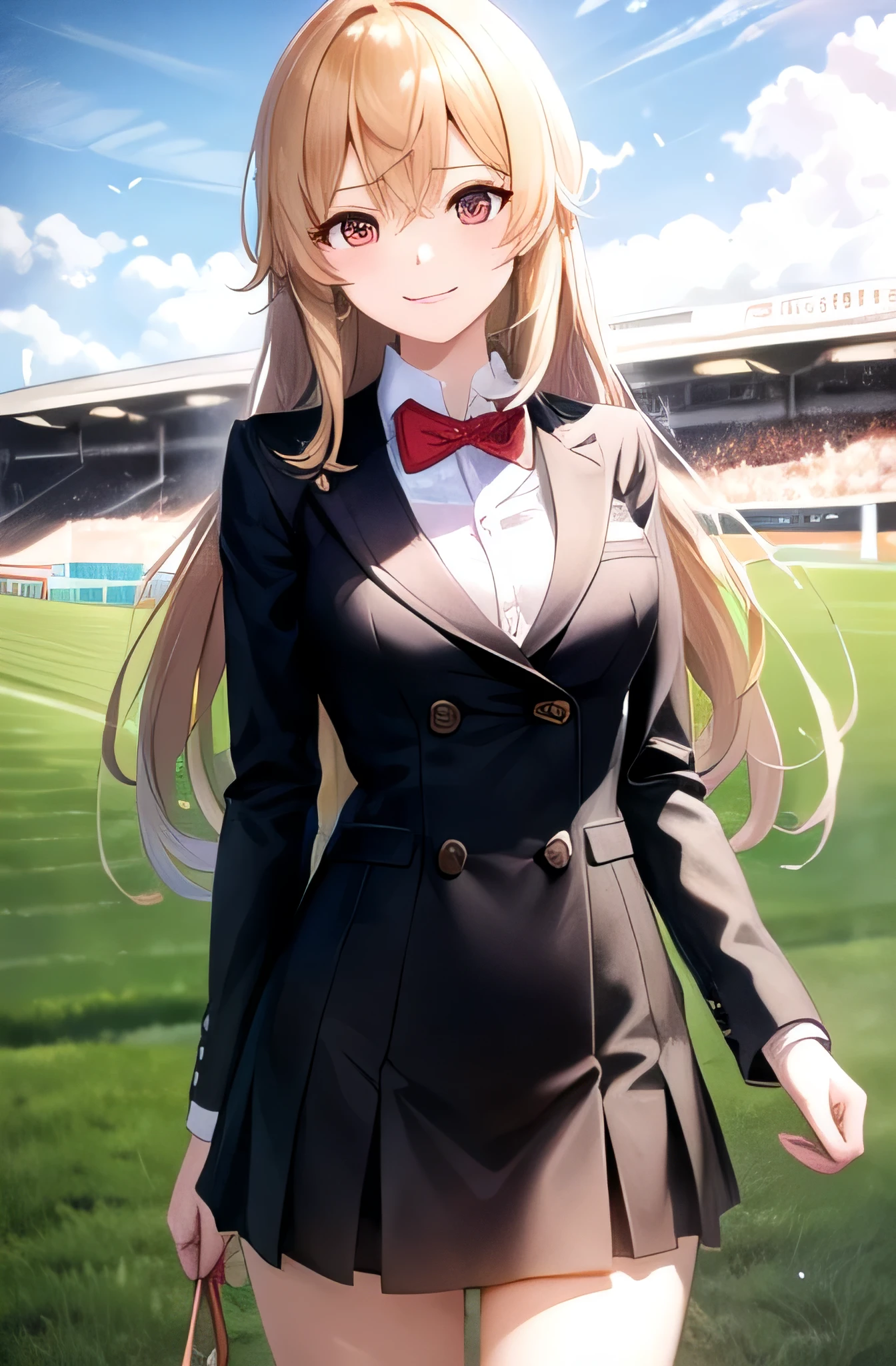 highest quality, long blonde hair, high school girl「Shiratori Ayame」, high school girlジョッキー, Racecourse, Tokyo Racecourse, (Beautiful detailed Racecourse backgrounds), Japan Derby,Uniform is white, Red eyes,smile