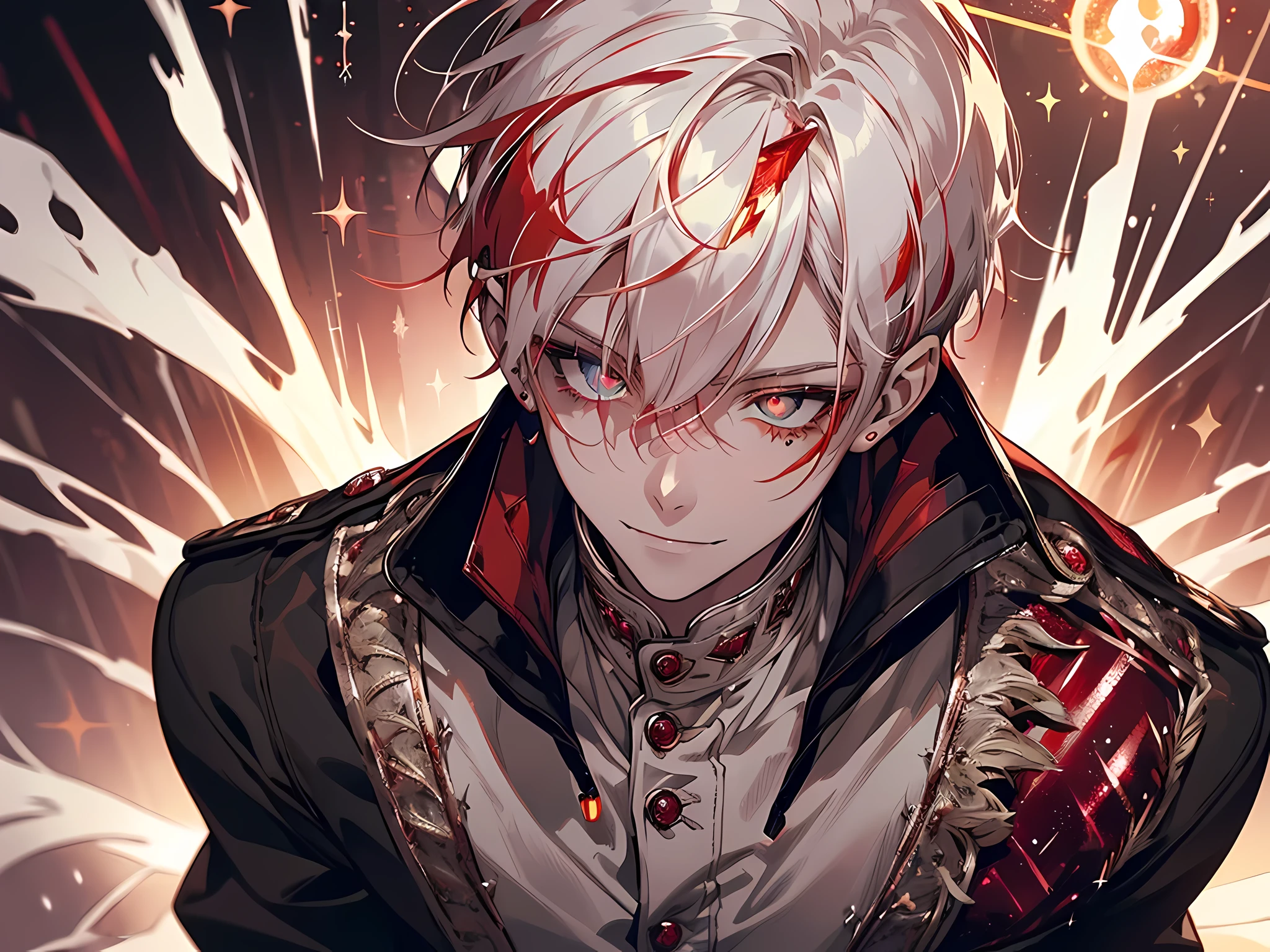 Best quality, ultra high detail, extremely detailed eyes, detailed face, male face, a boy, short white hair, ((red incandescent sparkling eyes:1.4)), (bleeding), gothic static background with blood spreading, he wears a white jacket with blood, his smile is macabre, dark, dark--Niji:5--gothic cinema lighting--Paramount and Wit Studios, half-body