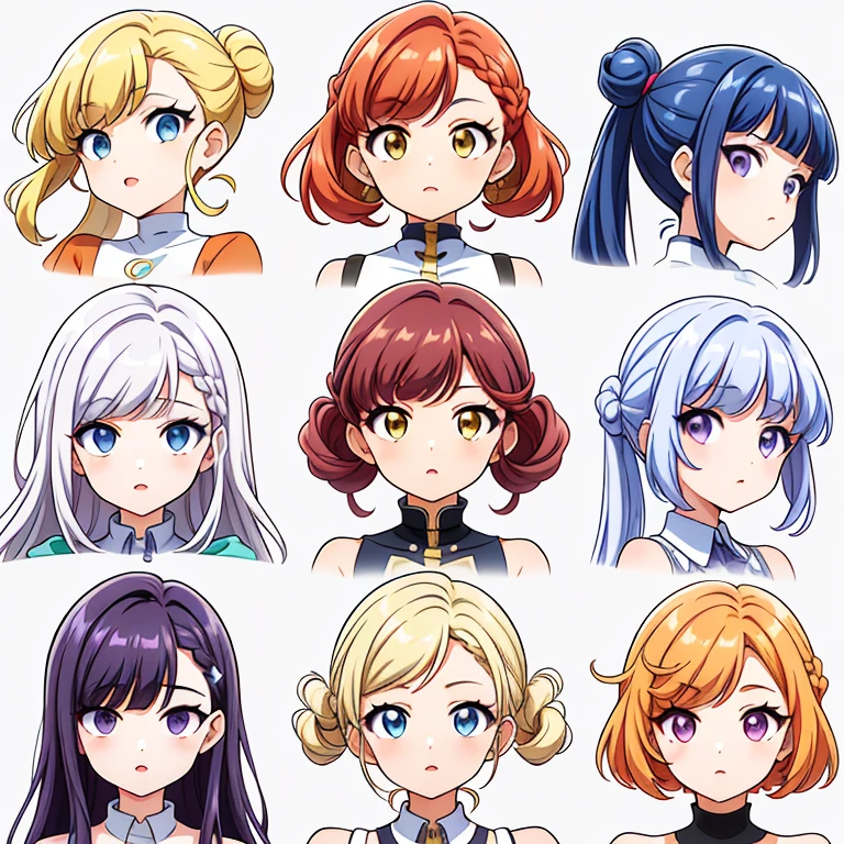 9 girls, white background,  different characters, multiple views, (Close up heads, portrait, mugshot), bra, bare shoulders, bikini, different hair colors, different hair styles, multiple expressions, 
twin-tail hair style, 
pony-tail hair, wavy 
long hair, 
braid, 
parted bangs, 
high ponytail, 
low ponytail, 
big hair, cornrows, 
hair bun, 
hair rings, 
half updo hairstyle, 
diagonal bangs, 
two side up hair, 
flipped hair, 
blunt bangs, 

warm-toned hair colors, 
cool-toned hair colors, 
brown hair color, 
red hair color, 
yellow hair color, 
white hair color, 
purple hair color, 
blue hair color,