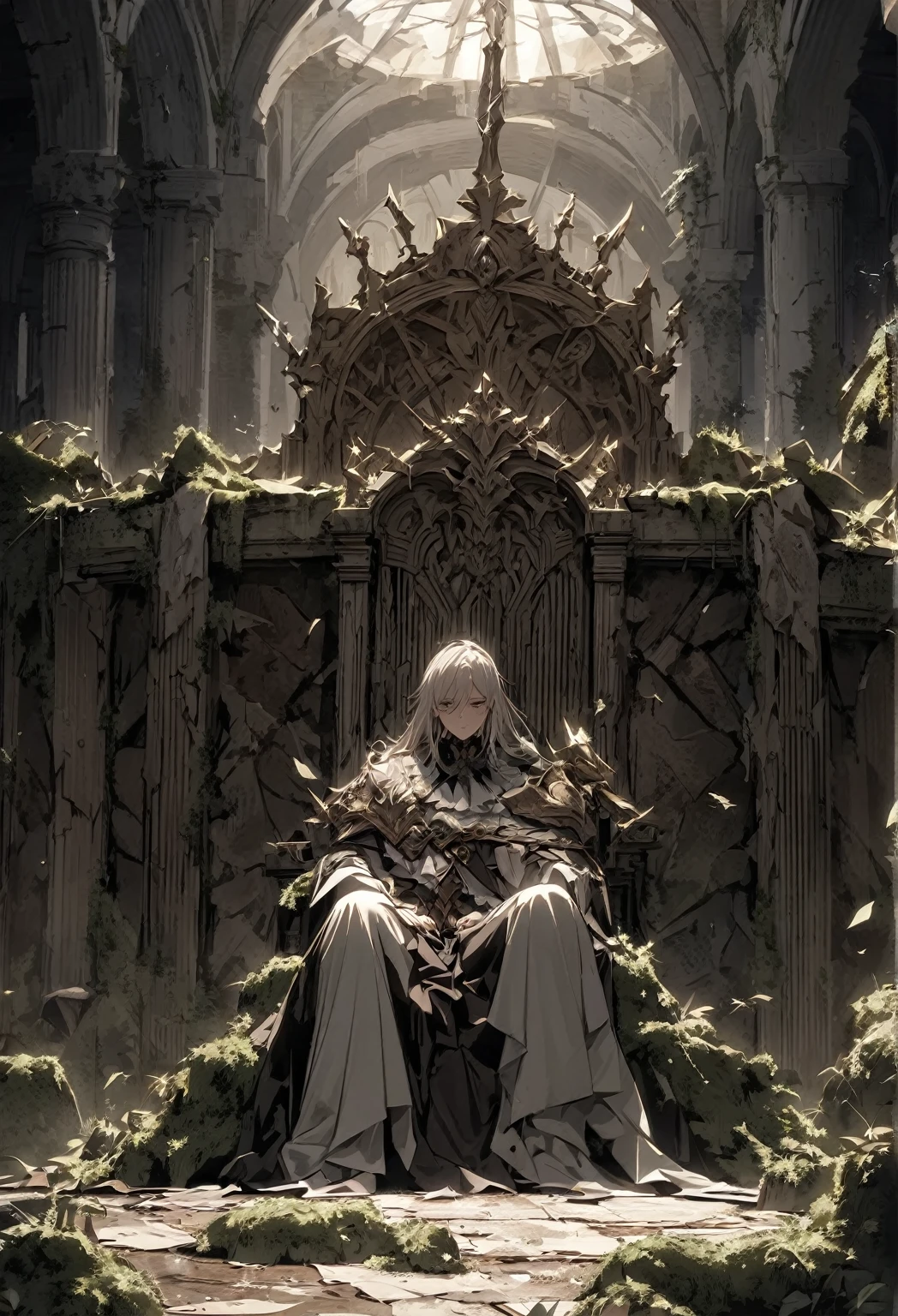 En un reino envuelto en sombras y ruinas, se encuentra un escenario desolado y desafiante. En la sala del trono, que en tiempos pasados irradiaba poder y majestuosidad, Now an atmosphere of desolation and defeat reigns. Sentado en el trono de piedra, whose structure is deteriorated and covered in moss, se encuentra un caballero de armadura oscura, marcada por el desgaste y las cicatrices de numerosas batallas.
La armadura del caballero, una vez imponente y temida, ahora muestra signos de abandono y descuido, with missing parts and rust that show years of disuse and abandonment. Su espada descansa a su lado, Handled firmly but with the edge dulled by the passage of time and lack of maintenance.
The walls of the throne room are covered with cracks and moisture, los tapices que alguna vez retrataron las gestas heroicas del reino cuelgan desgarrados y descoloridos. The light that filters through the broken windows projects a play of shadows and lights, accentuating the feeling of desolation and abandonment that prevails in the place.
The atmosphere is charged with silence, interrumpido solo por el susurro del viento que se cuela por las rendijas y el crujir ocasional de la madera podrida. El caballero, con la mirada perdida en el horizonte lejano, His face reflects a mixture of determination and resignation in the face of the ruin of his kingdom and the memory of lost battles..
This setting evokes a sense of tragedy and decay, where the defeated knight on his throne symbolizes the lost fight against the passage of time and the forces that led to the fall of the kingdom. Su presencia solitaria y su armadura oscura son testigos mudos de un pasado glorioso que ya no puede ser recuperado, but that still persists in the memory of those who remember better times.