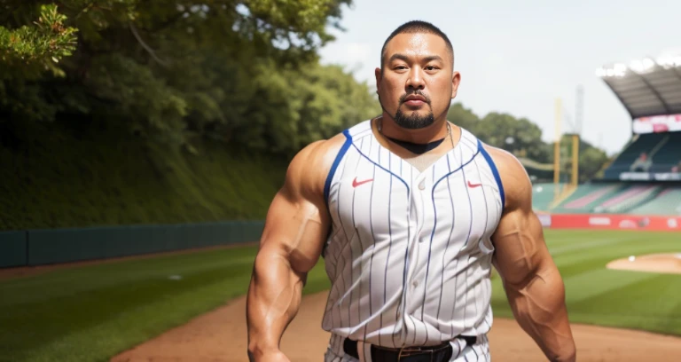 (cap:1.4), (baseball uniform:1.4), (at baseball ground:1.4), Japanese man, Chinese man, Korean man, Taiwanese man, manly face, fat face, (round face:1.4), (monolid eyes:1.2), (buzz cut:1.4), very large and strong body, bulky body, beefy muscles, (bulging muscles:1.4), (very large pectoral muscles:1.4), (muscular arms:1.4), muscular abs, muscular legs, muscular back, brightens oily skin, master piece, (realistic:1.4), panorama, distant view