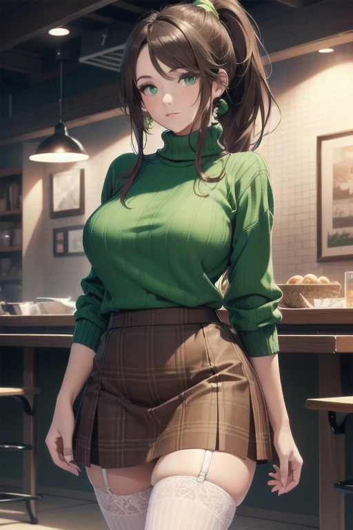 ((masterpiece)), (best quality:1.7), (detailed:1.4), (high res:1.4), 8k, (colorful:1.5), high resolution, sharped image, 4k, hd, (beautiful detailed background:1.2), (beautiful lighting:1.2), (highly detailed:1.2), perfect lighting, (8k wallpaper:1.2), (highly detailed:1.2), (extremely detailed CG:1.2), (((only brunette very long hair ponytail))), ((large chest)), ((busty)), curvy figure, (((light green eyes))), (green loose ribbed sweater and dark brown plaid pattern brown skirt and white stockings), mature, older, human adult, short, fullbody